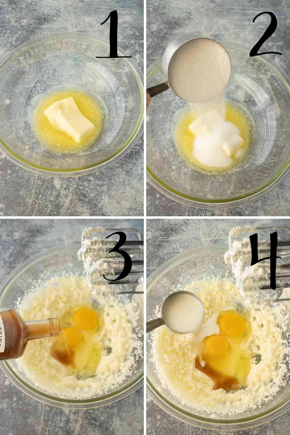 Butter, sugar, vanilla, milk and eggs in  a mixing bowl.