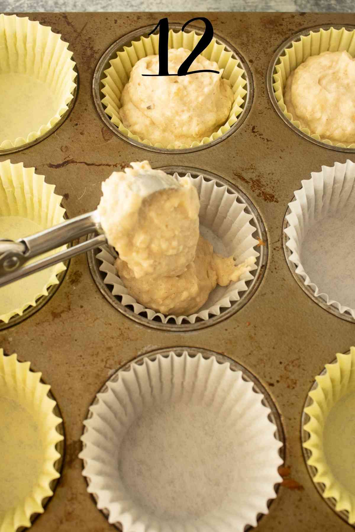 Batter scooped into muffin tins.