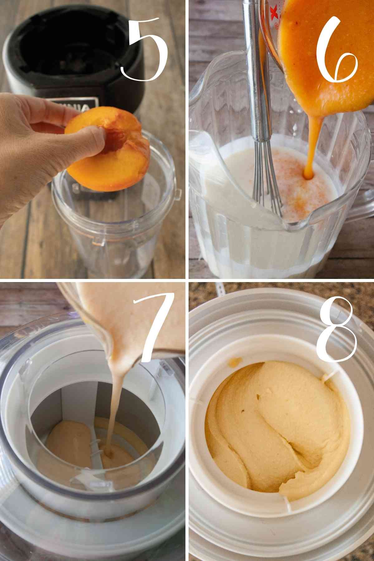 Puree the peaches, mix up the ice cream mix and pour in an ice cream maker.