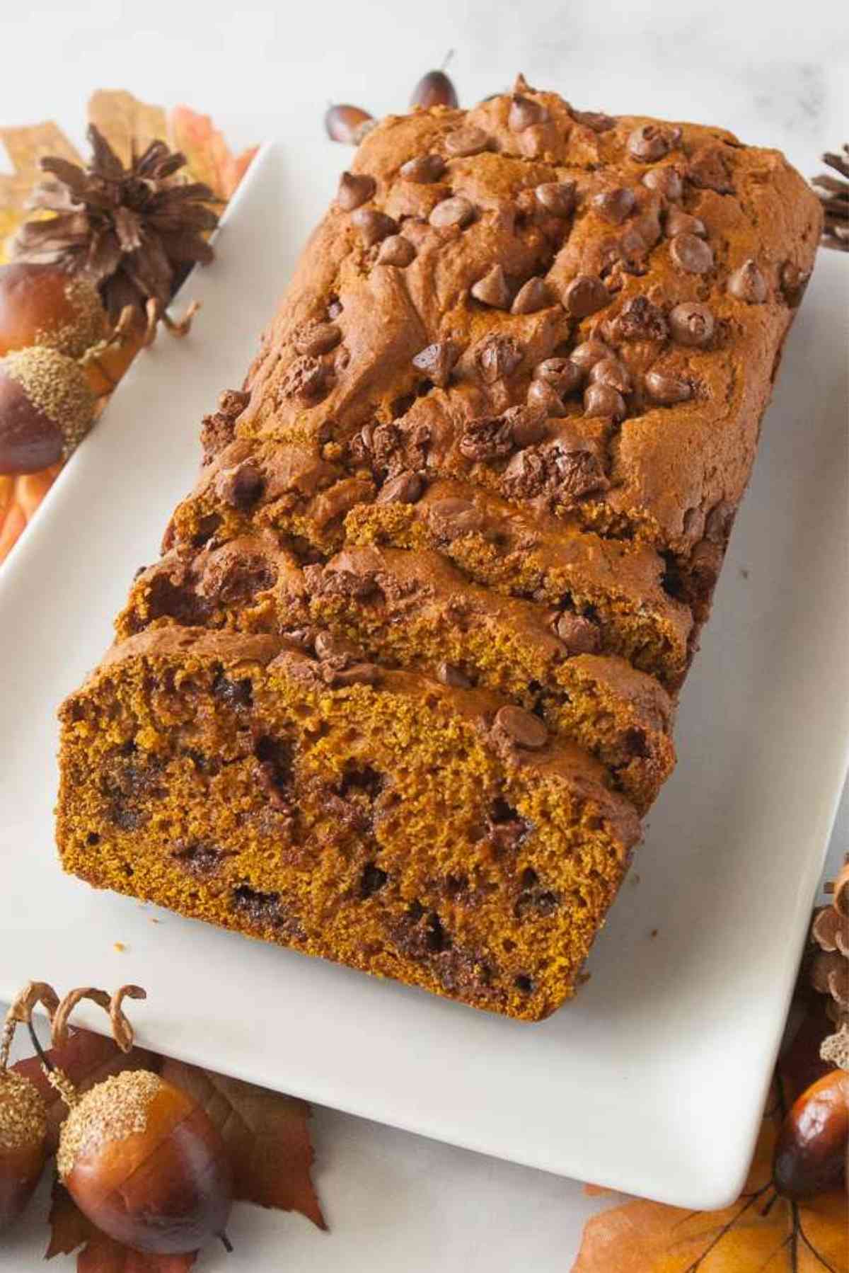 Super moist loaf of pumpkin bread speckled with milk chocolate chips.