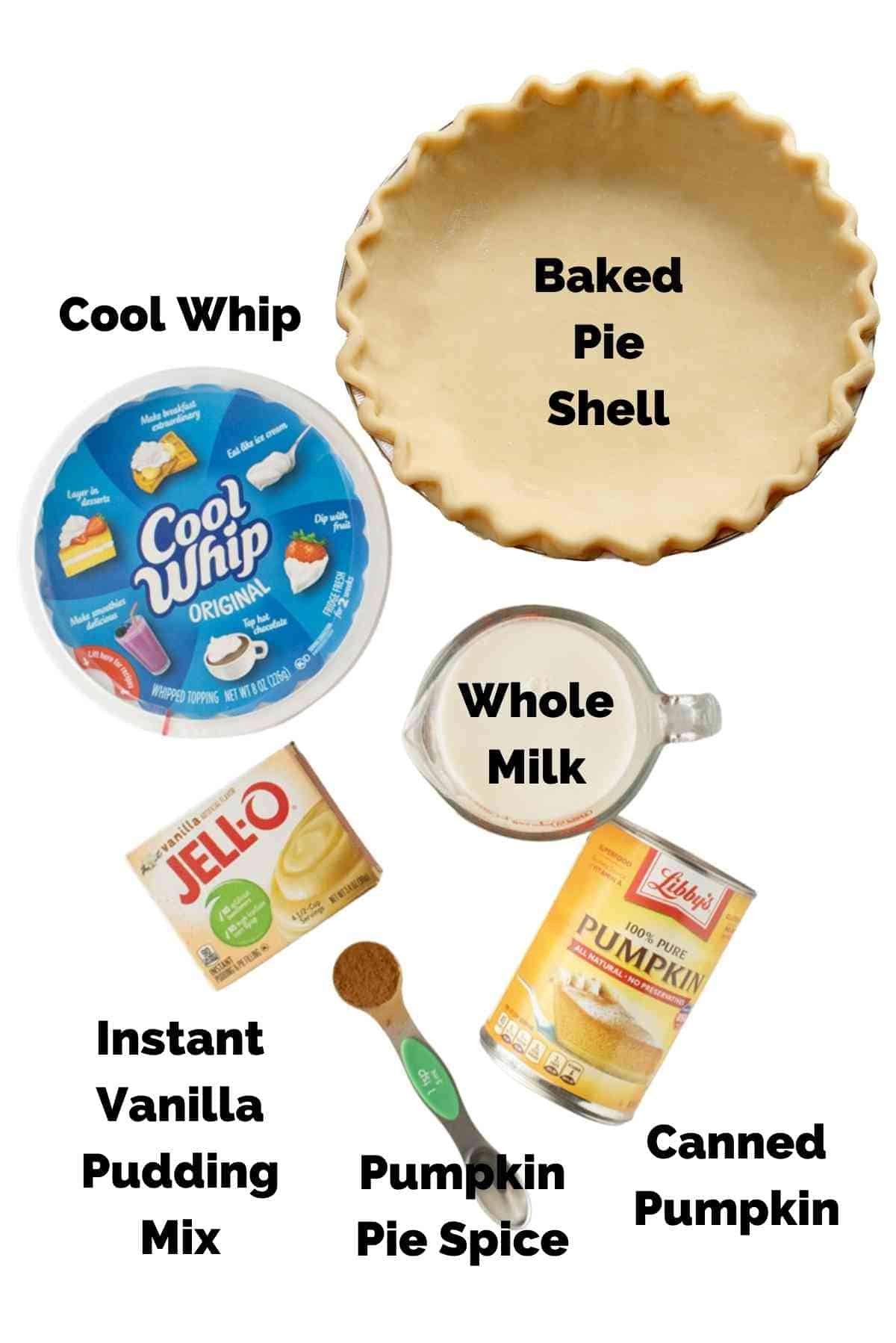 Ingredients needed to make a pumpkin cream pie.
