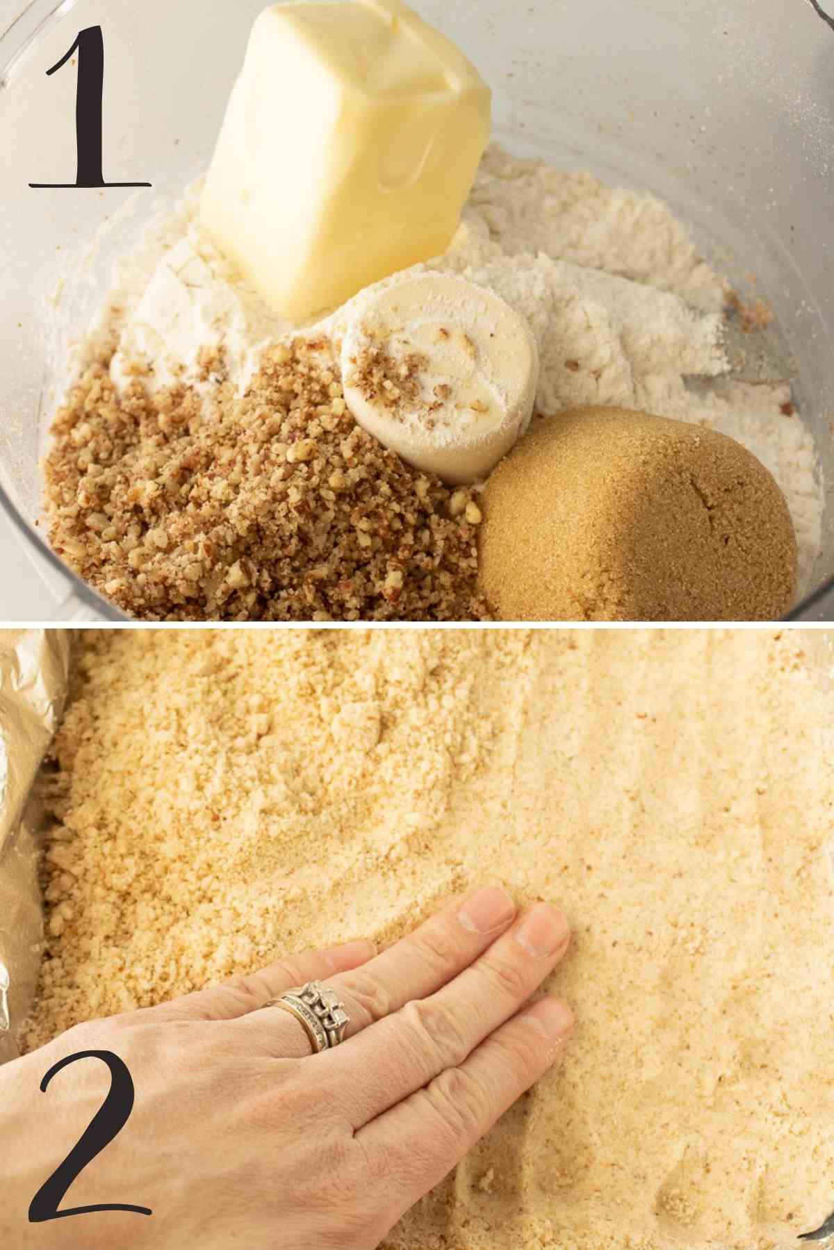 Crust ingredients in a food processor and then being pressed into the baking dish.
