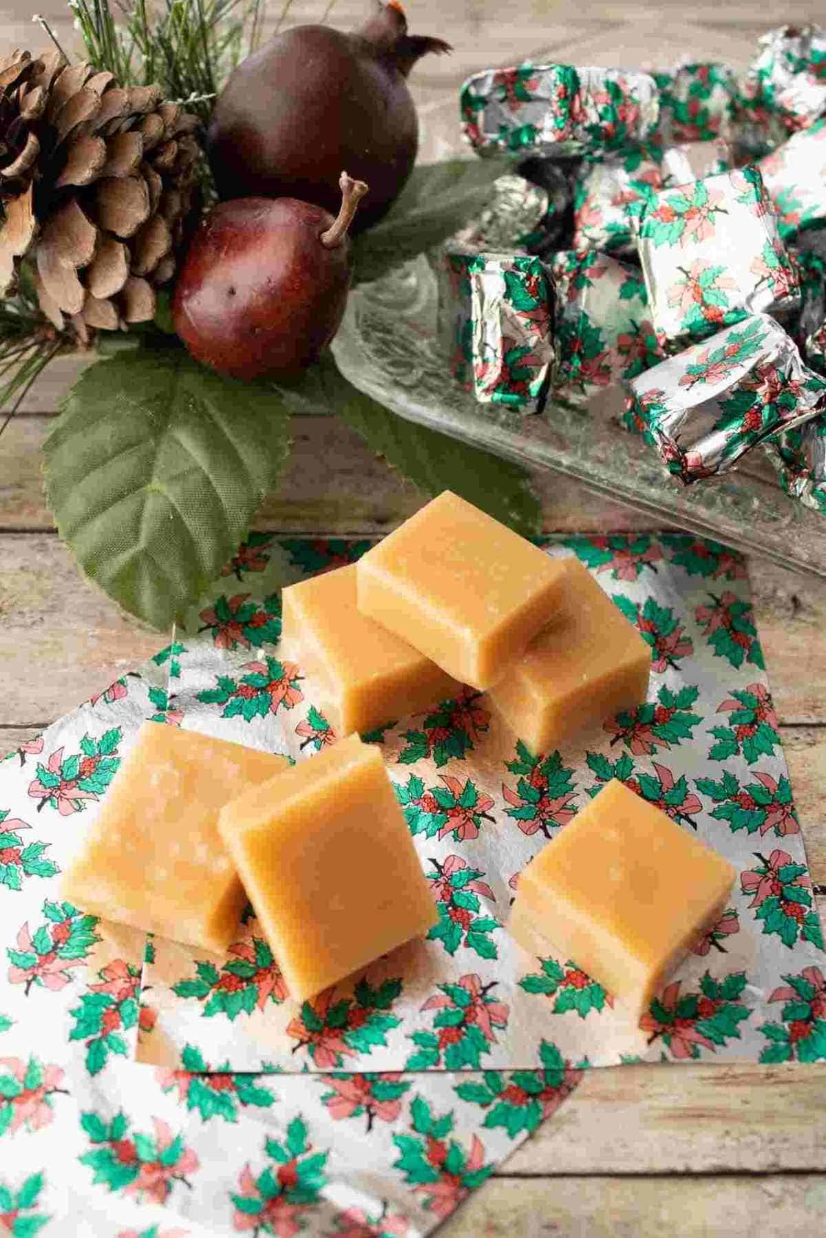 Wrapped caramel squares.