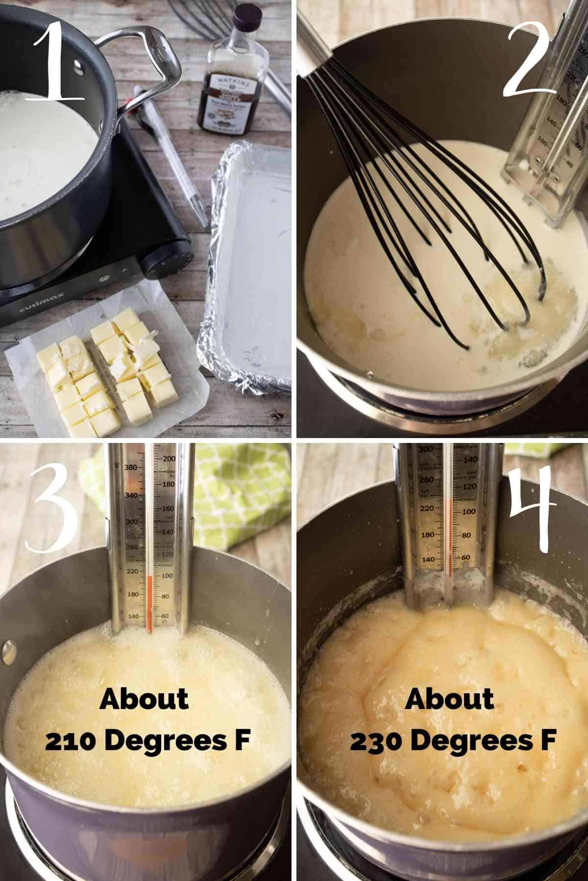 What the caramel process looks like from measuring out the ingredients to cooking to soft-ball stage.