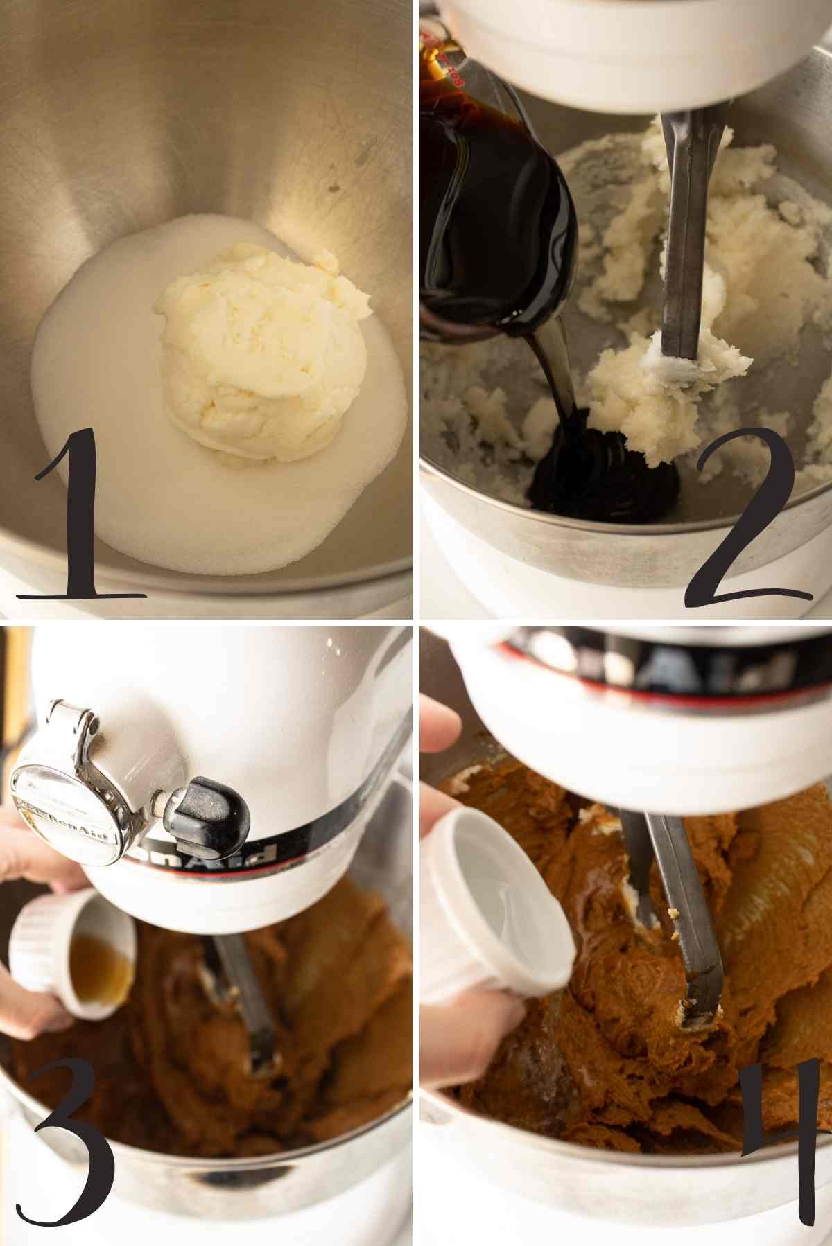 Creaming of the shortening and sugar, adding the molasse, vanilla, and vinegar.