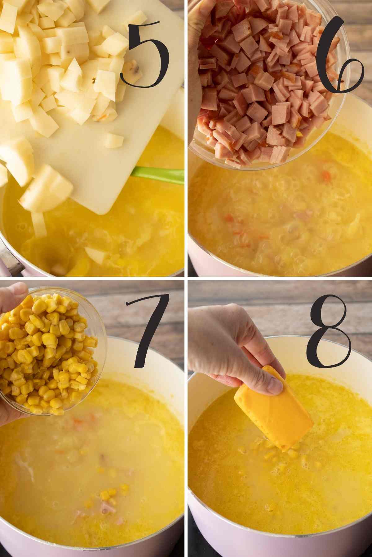 Adding the potatoes, ham, corn and velveeta to the soup.