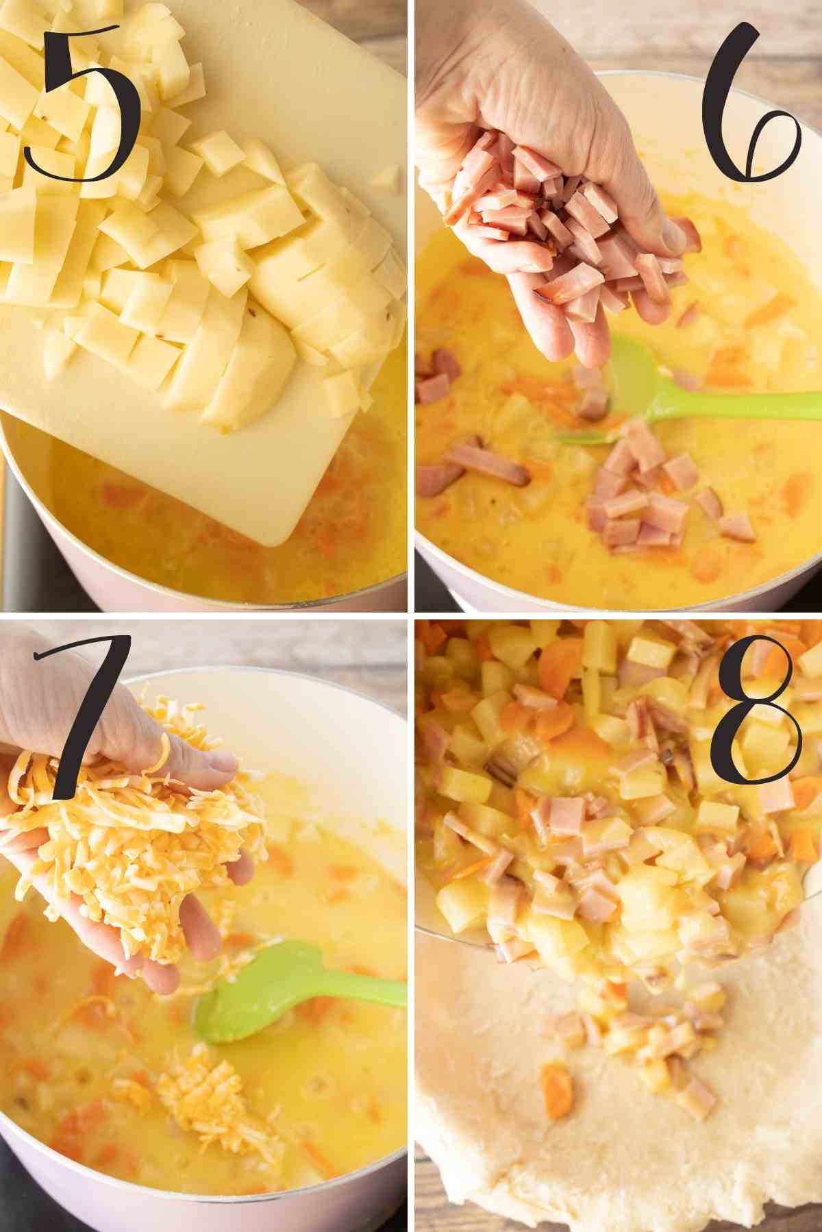 Adding the potatoes, ham, and cheese this pouring in a pie shell.