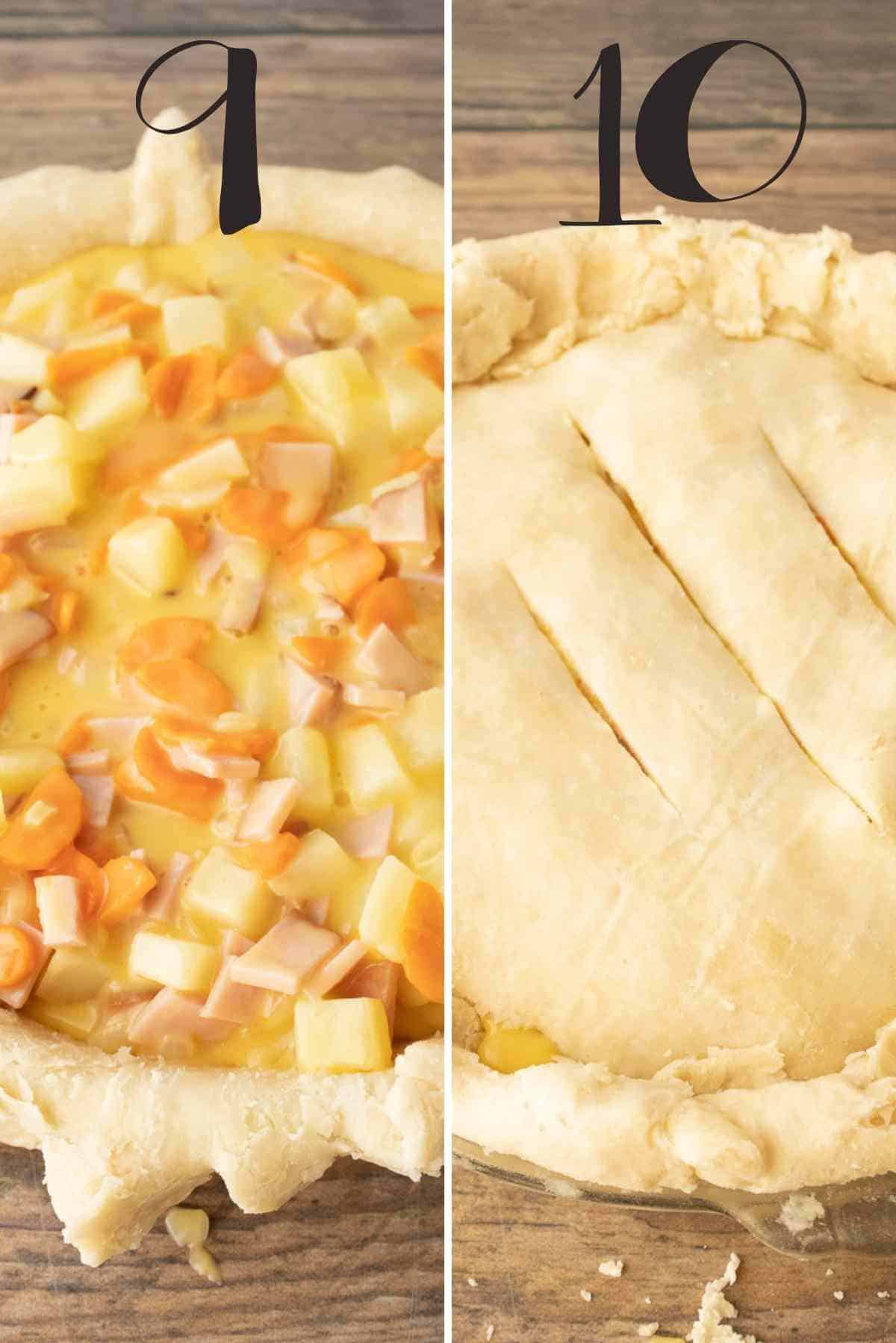 Ham pot pie before and after adding the top pie crust.