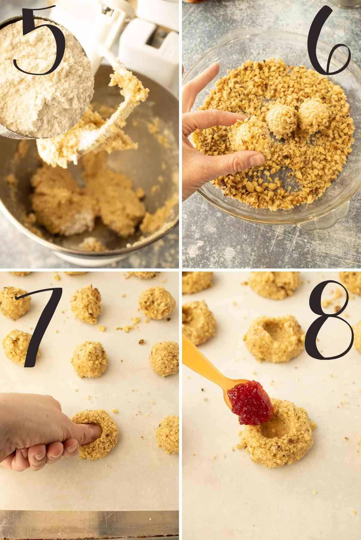 The addition of the flour. Then rolling the dough balls in nuts, adding the thumb indent and filling with jam.