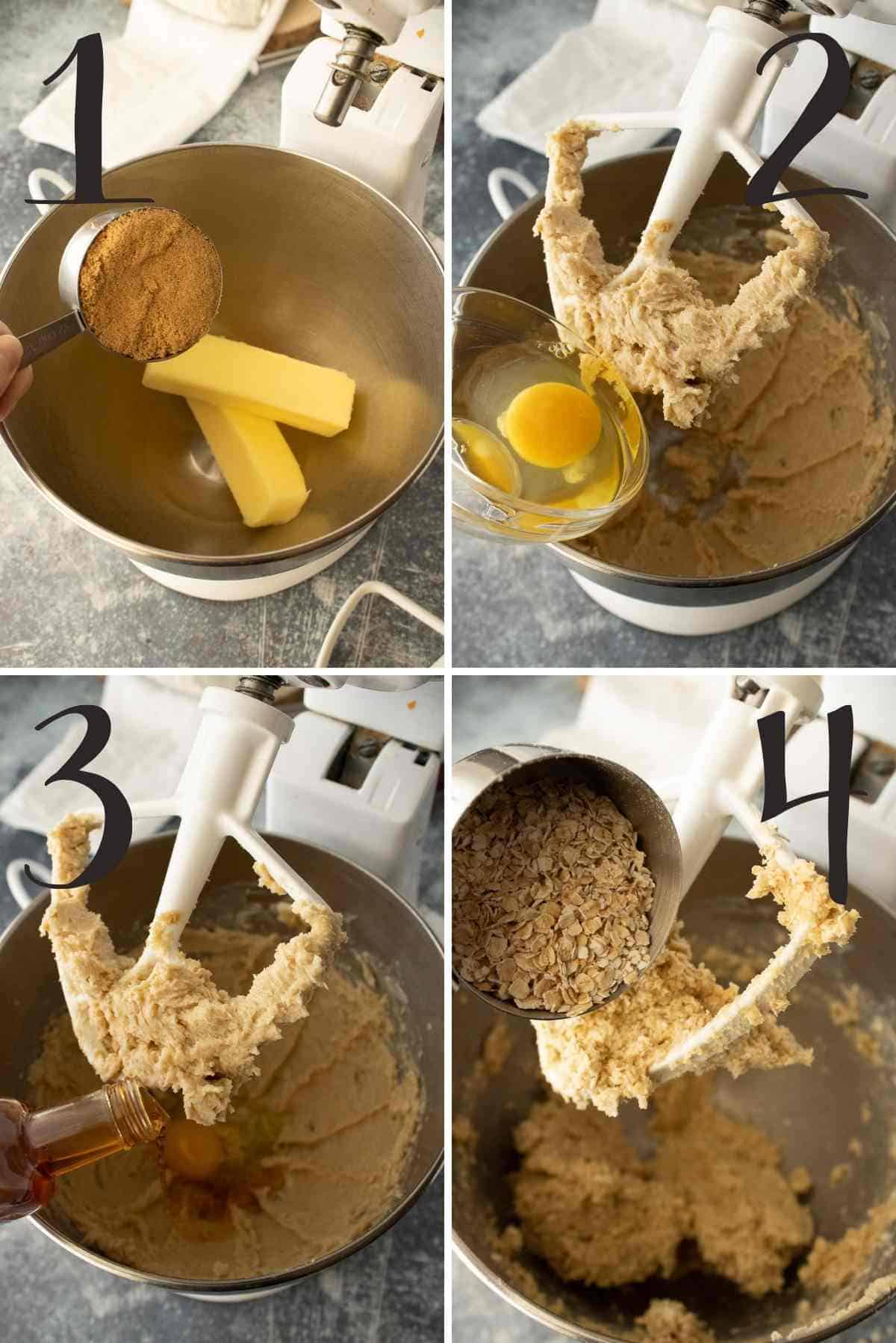 Steps of creaming the butter and sugar, adding the egg and vanilla, and then the quick oats.