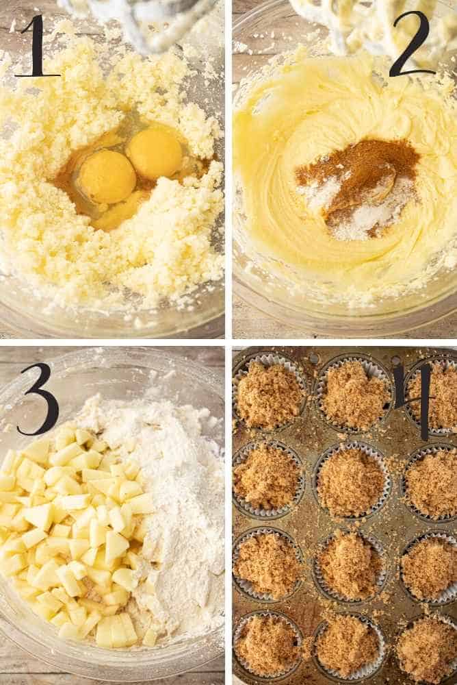 Collage of steps for apple cinnamon muffins.