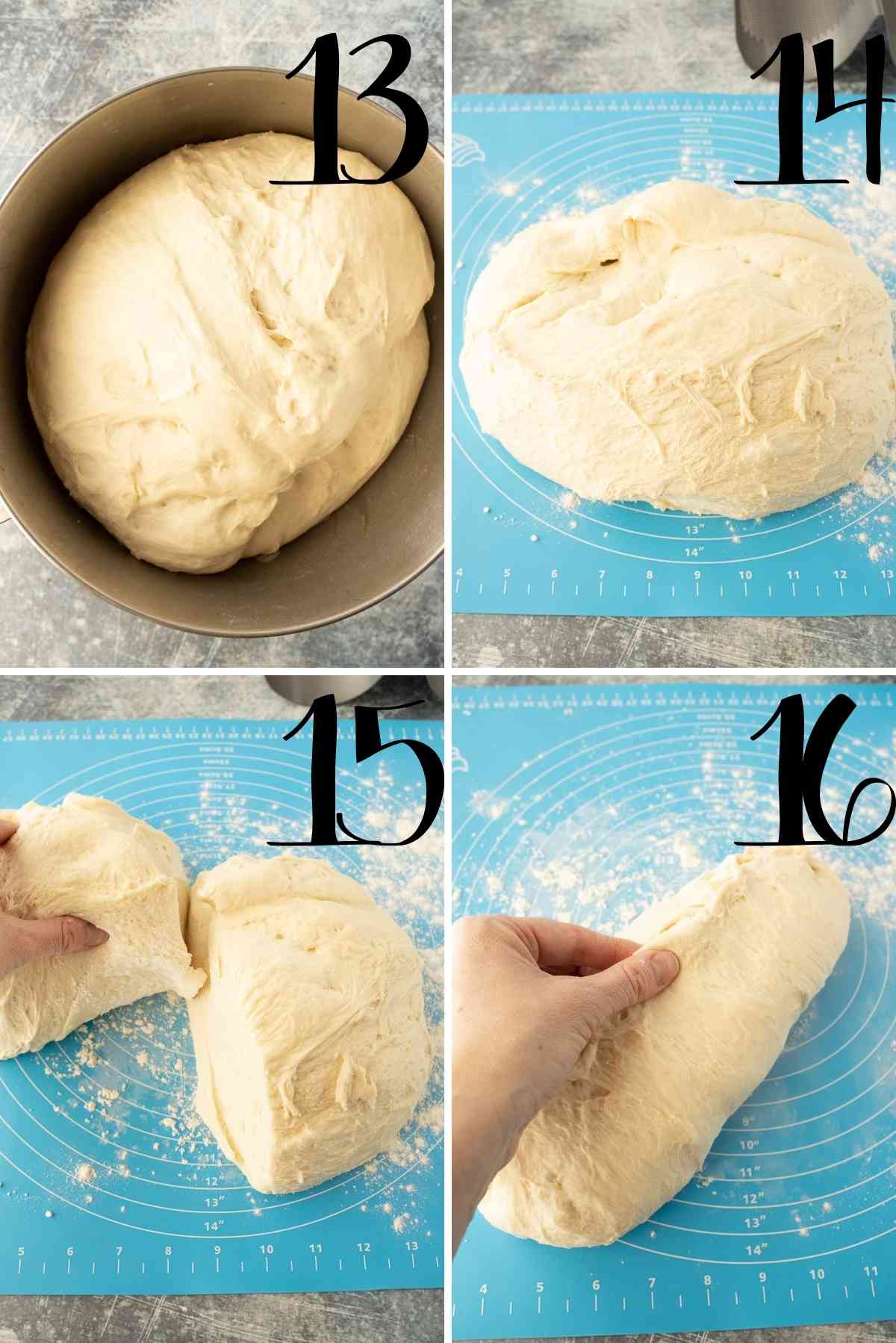 risen dough dumped out, divided in two and shaped into loaves.