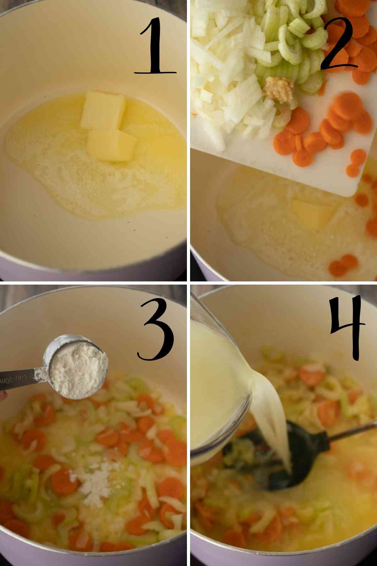 Sauté the carrots, celery, and onions.  Make a roux and add the chicken broth.