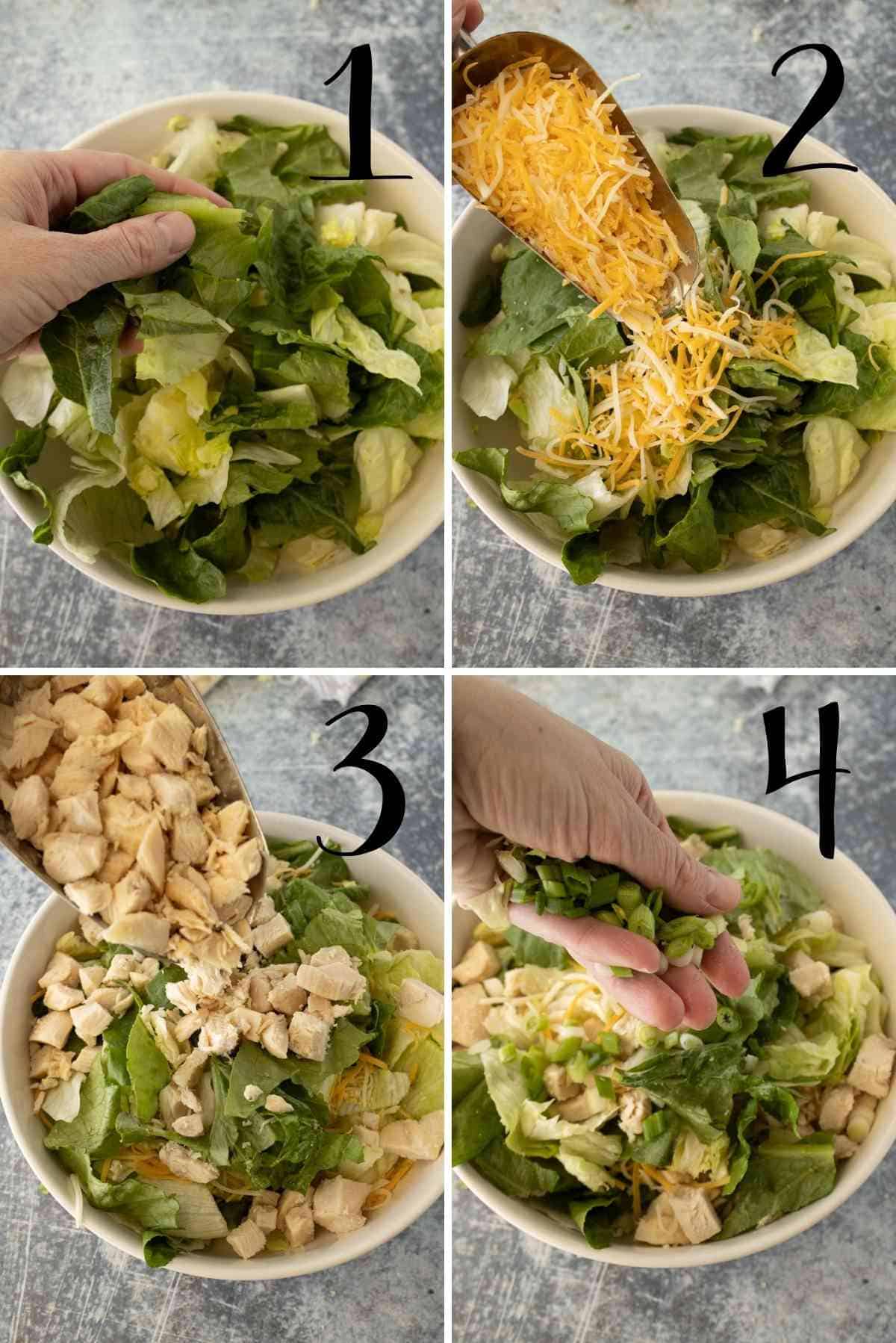 Add lettuces, cheese, chicken and green onions to a bowl.