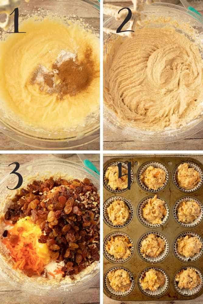 Collage of steps for morning glory muffins