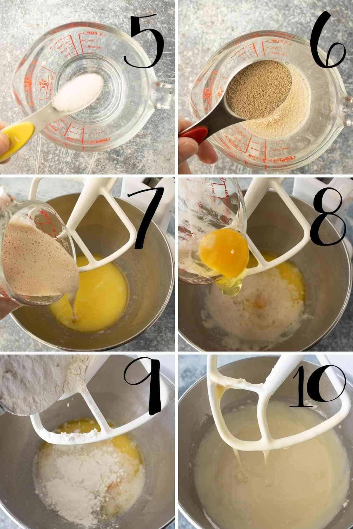Activated yeast, egg and part of the flour added to the mixing bowl and beat for 5 minutes.