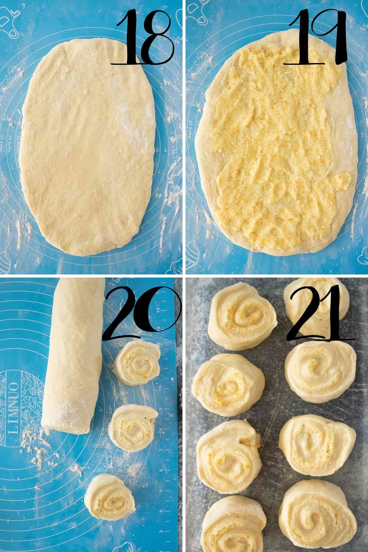 Dough rolled out, spread with filling, rolled up and sliced.