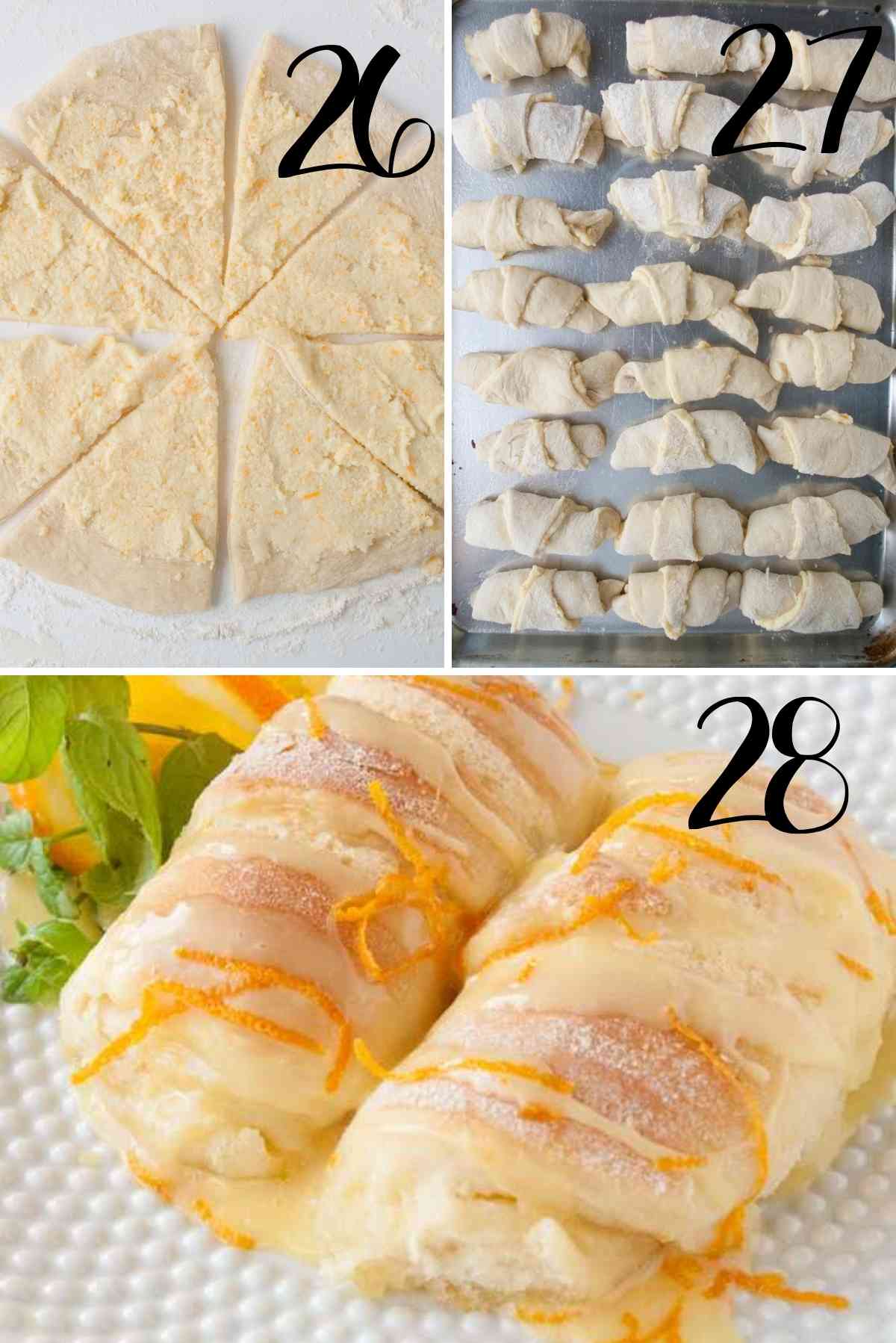 Dough rolled in a circle, spread with filling, cut into triangles, and rolled up.