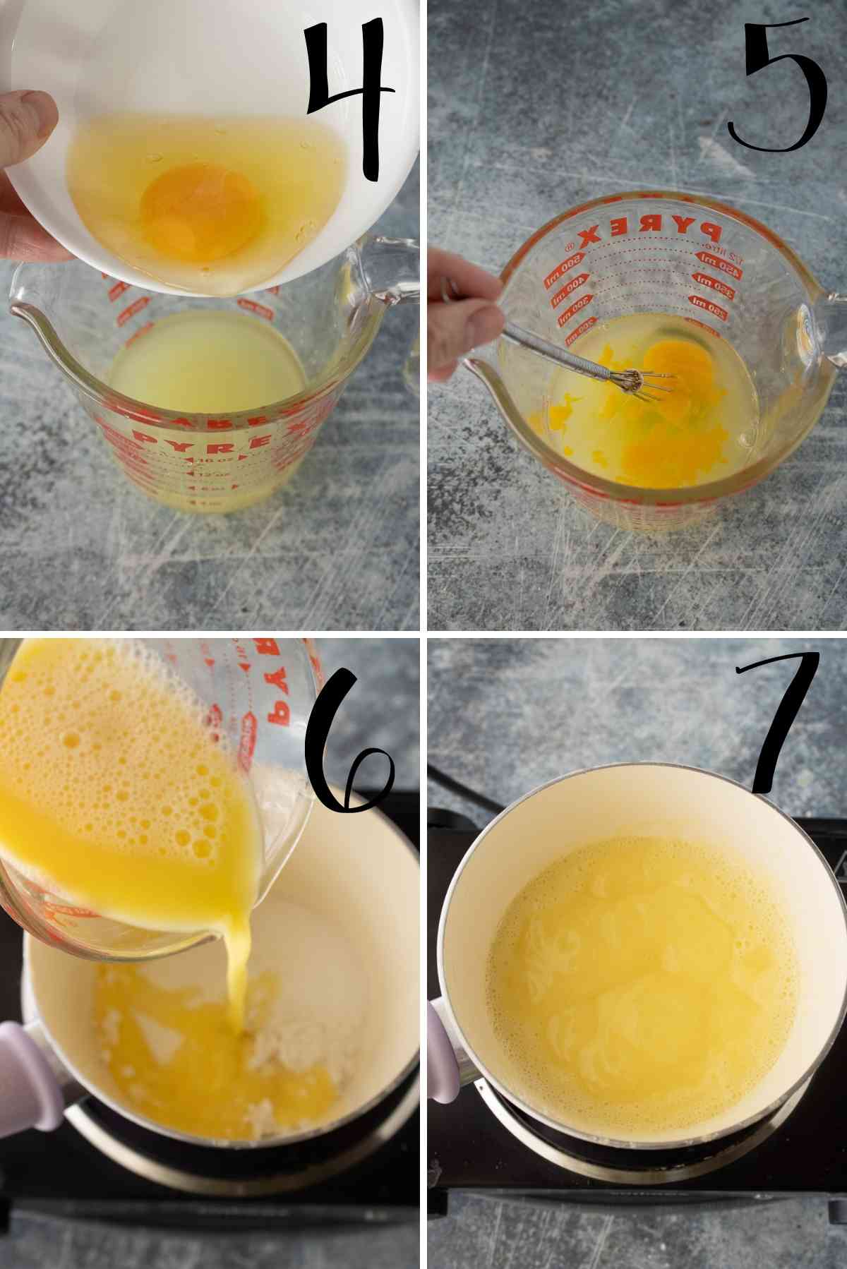 Drain pineapple juice in to a measuring cup, whisk in egg, add to pot and bring to a simmer.