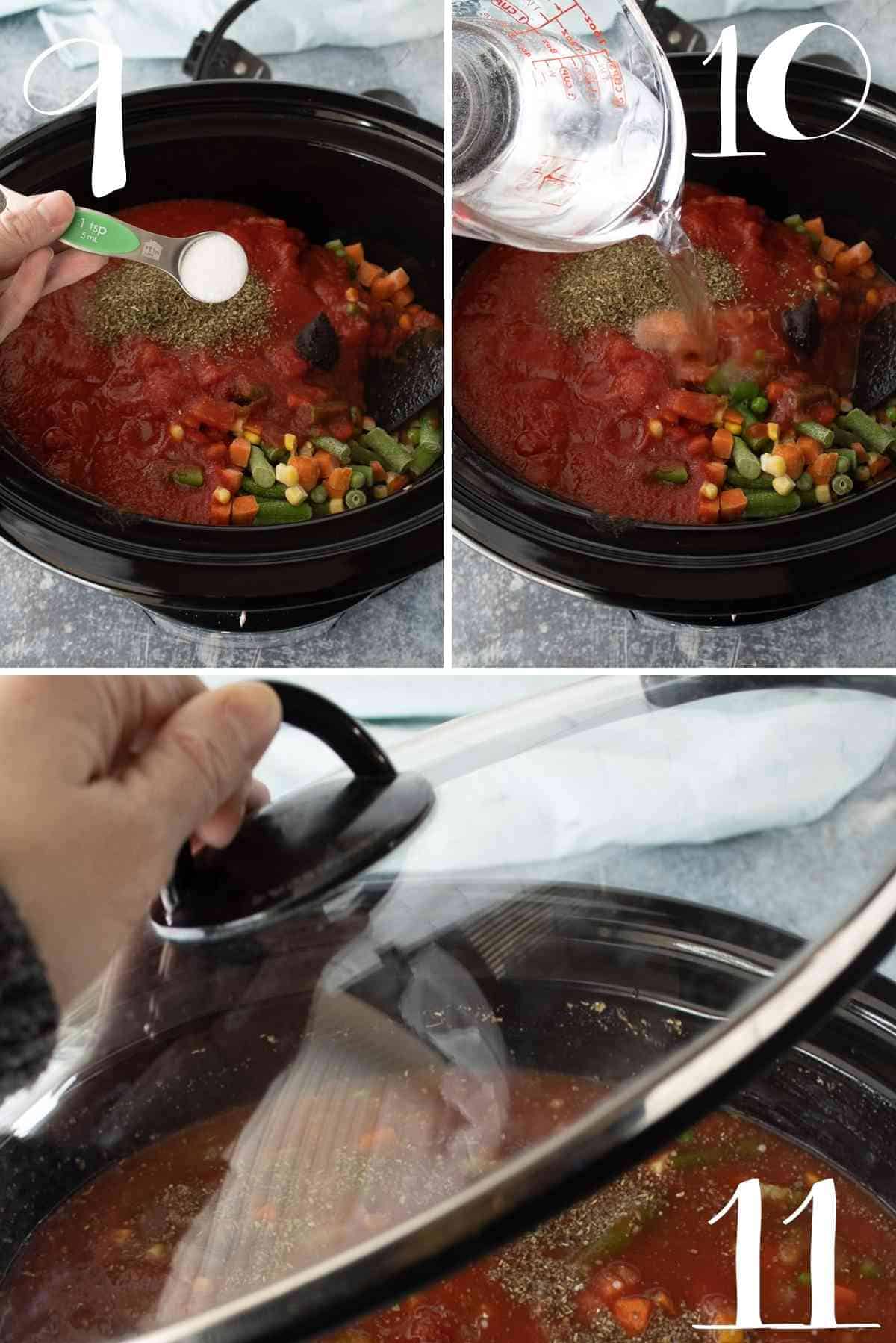 Add salt, water, stir and put lid on.