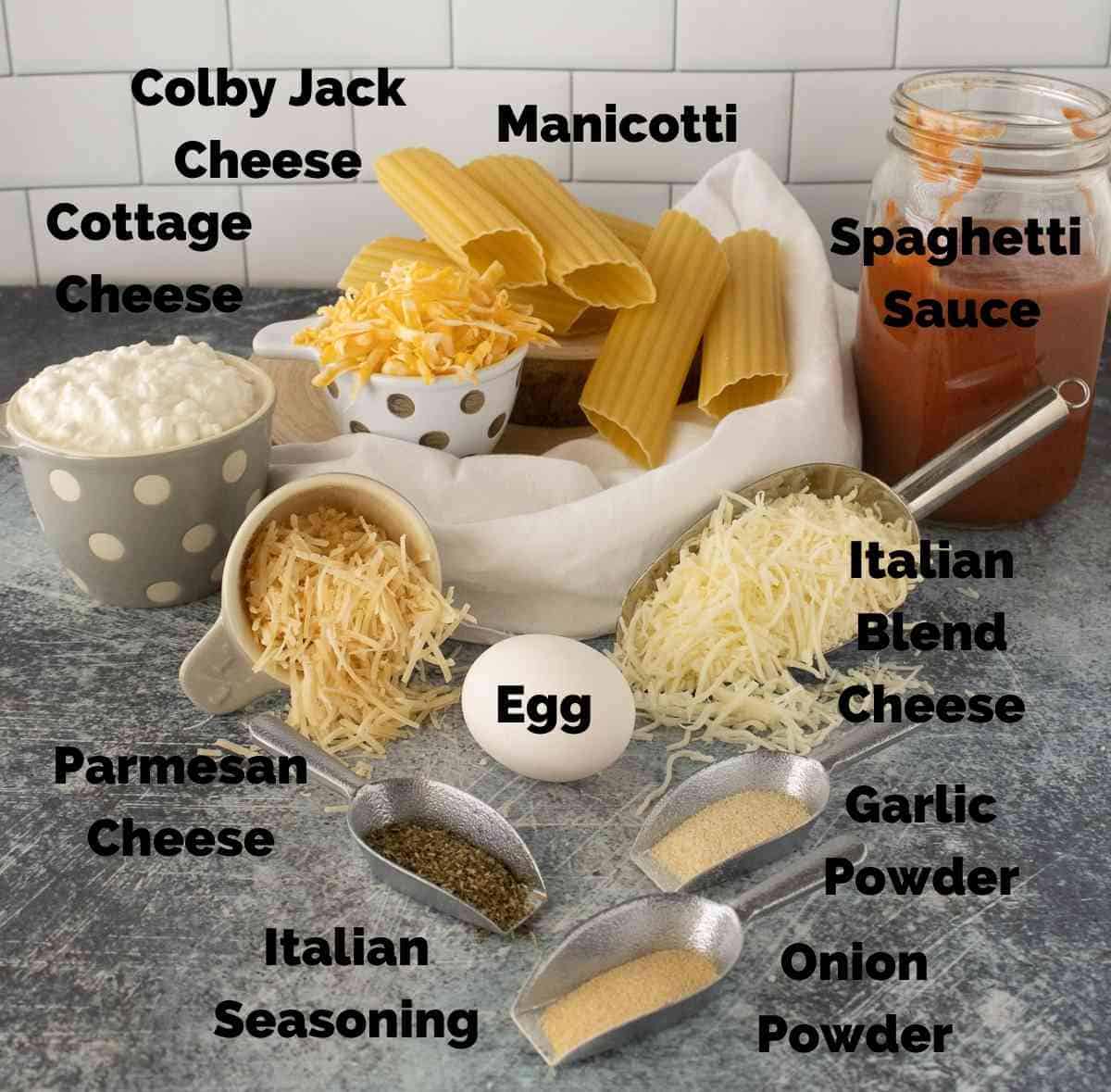 Ingredients for three cheese manicotti.