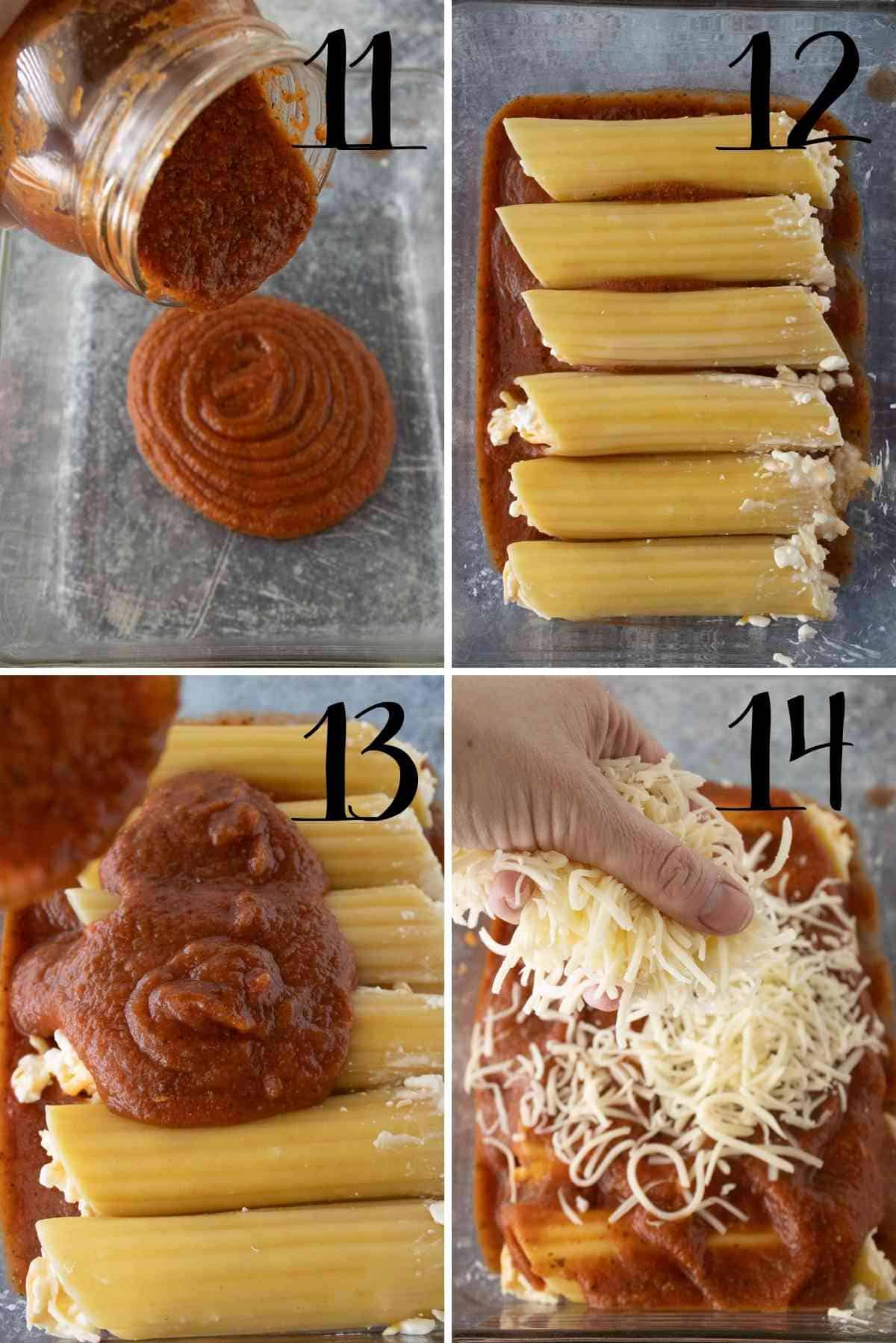 Stuffed manicotti shells placed in a baking dish then topped with sauce and cheese.
