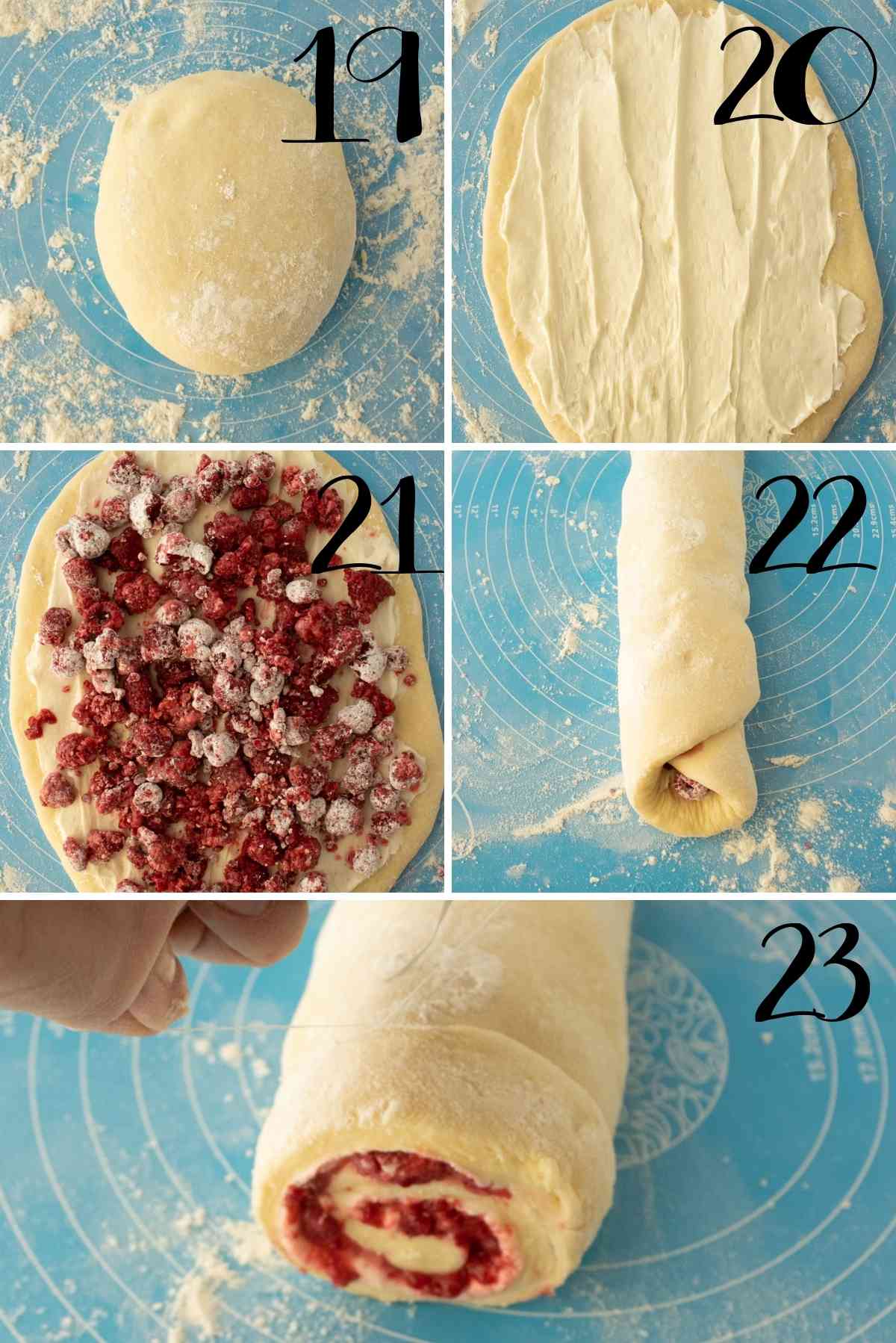 Roll the sweet raspberry filing up in the soft dough.
