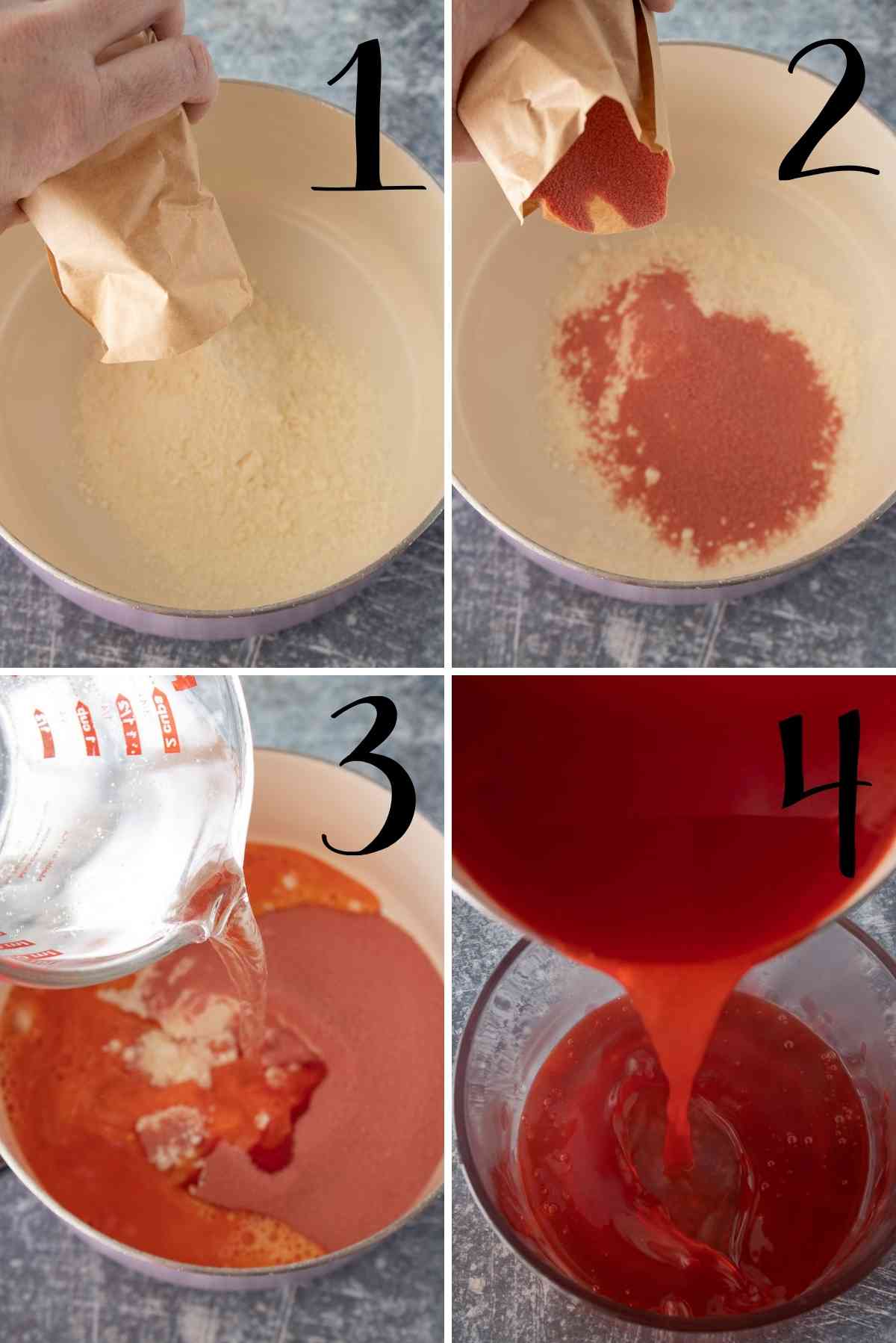 Pudding mix, jello mix and water boiled and poured into a bowl.