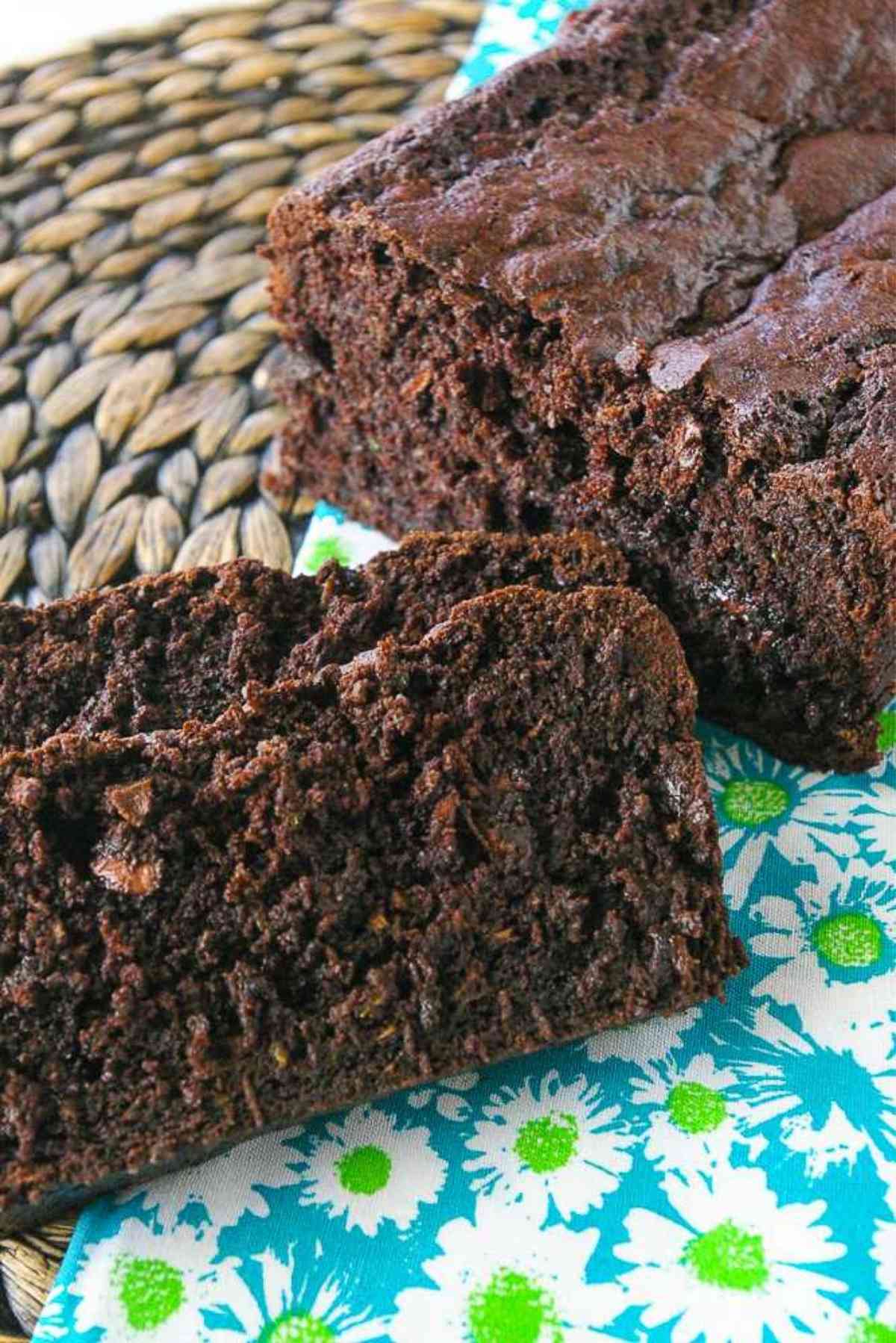 Best double chocolate zucchini bread loaf with chocolate chips with slices.