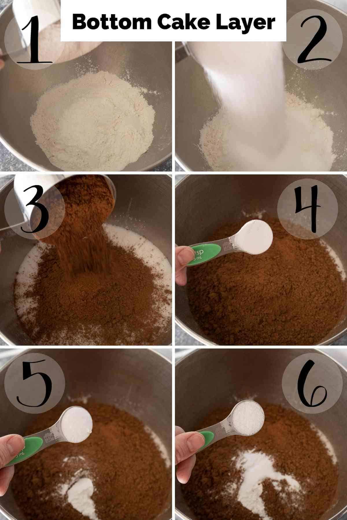 Dry ingredients for the cake layer in a mixing bowl.