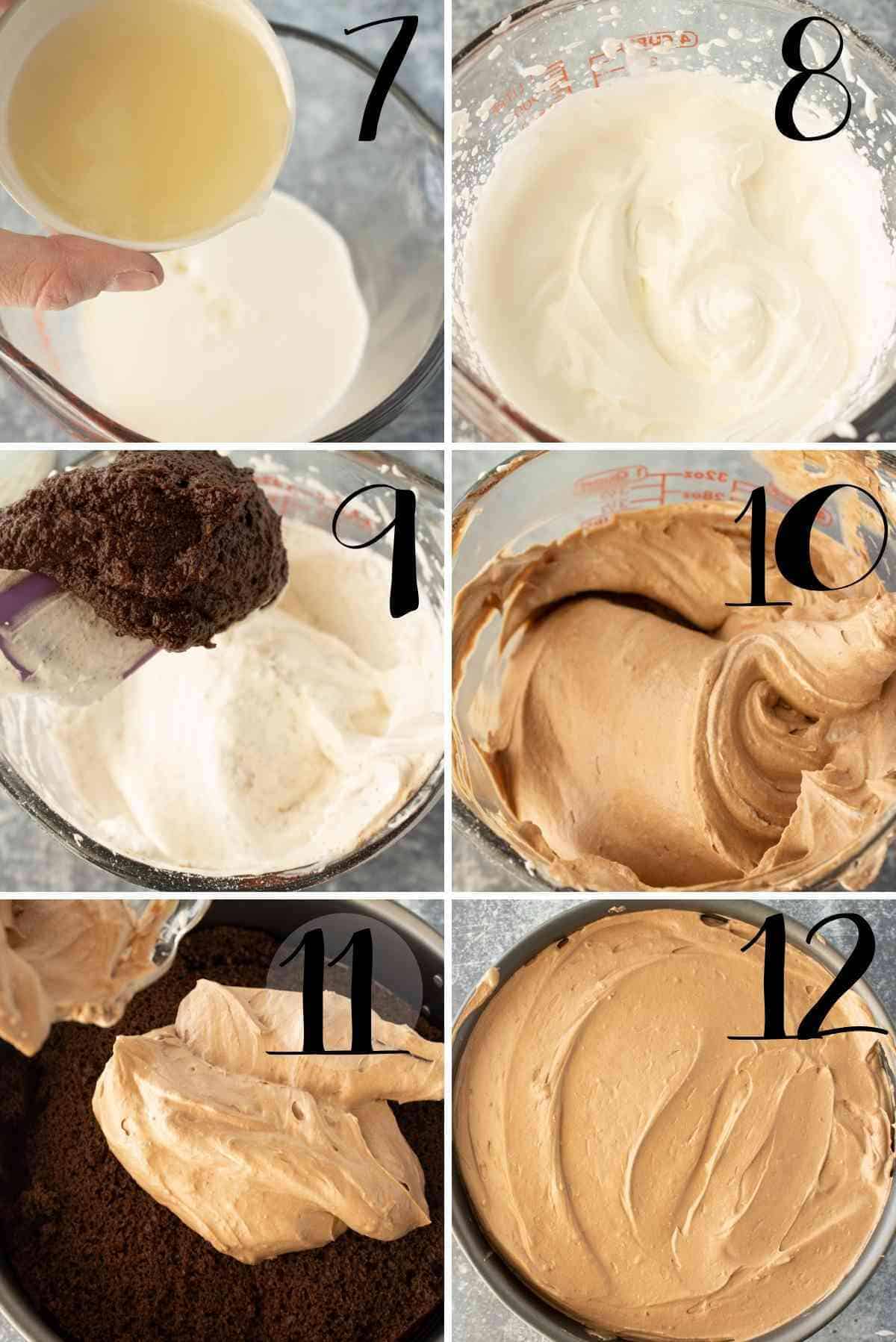 Chocolate cream cheese folded into the whipped cream and spread over the cake layer.