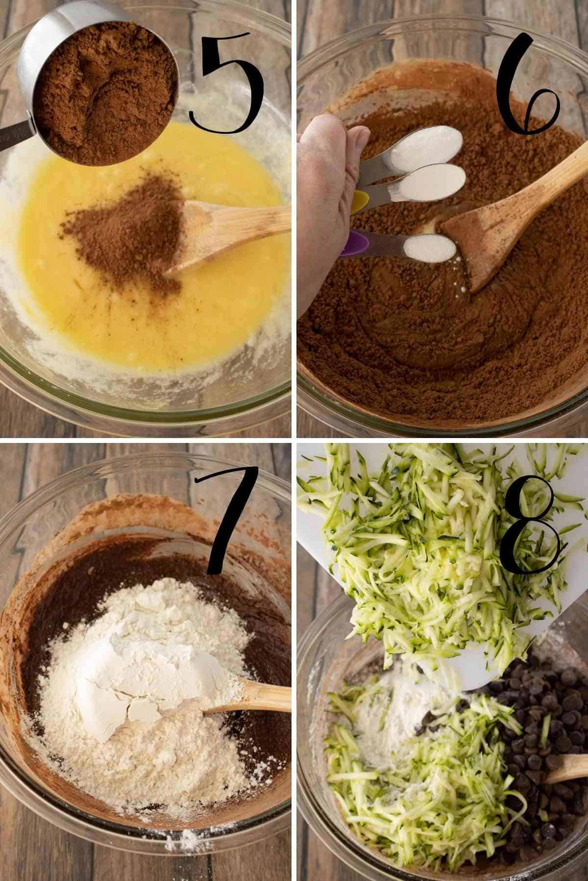 Mix in the cocoa, baking powder, baking soda, salt and flour.  Fold in shredded zucchini.