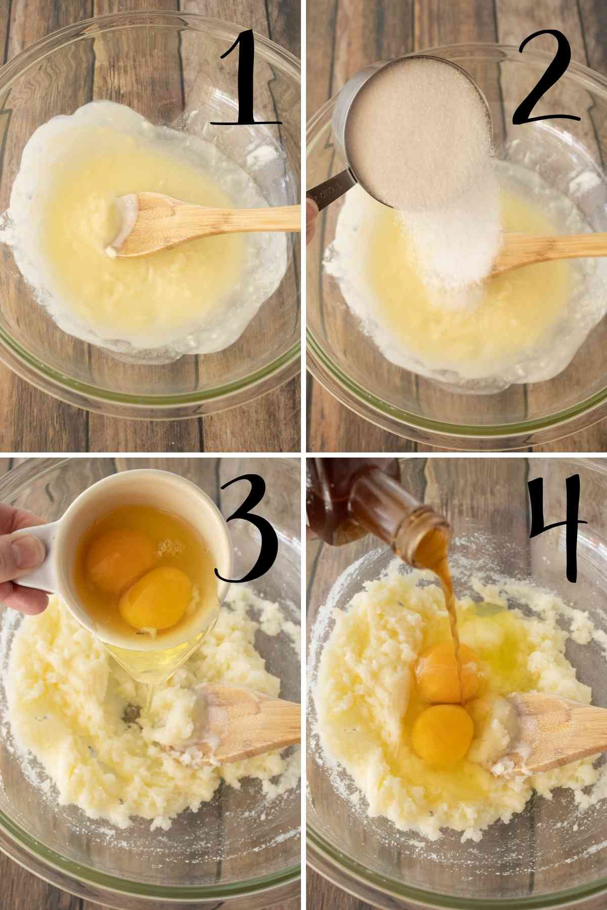 Mix together melted butter, sugar, egg and vanilla in a mixing bowl.
