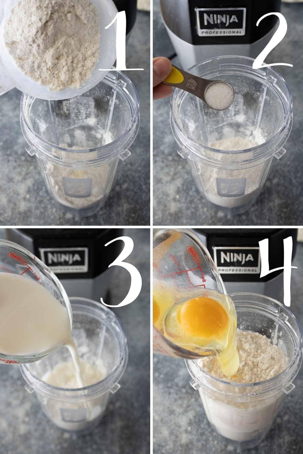 Flour, salt, milk and eggs added to the blender cup.