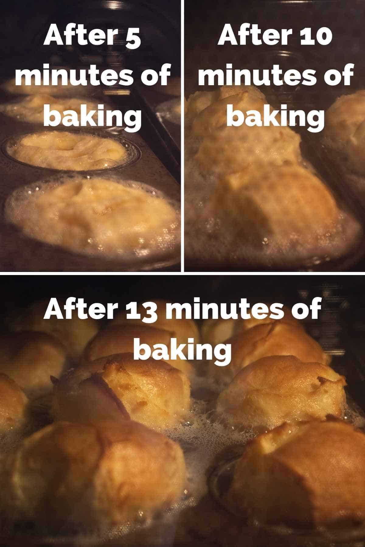 Pics showing progression of baking at 5 minutes, 10 minutes, 13 minutes.