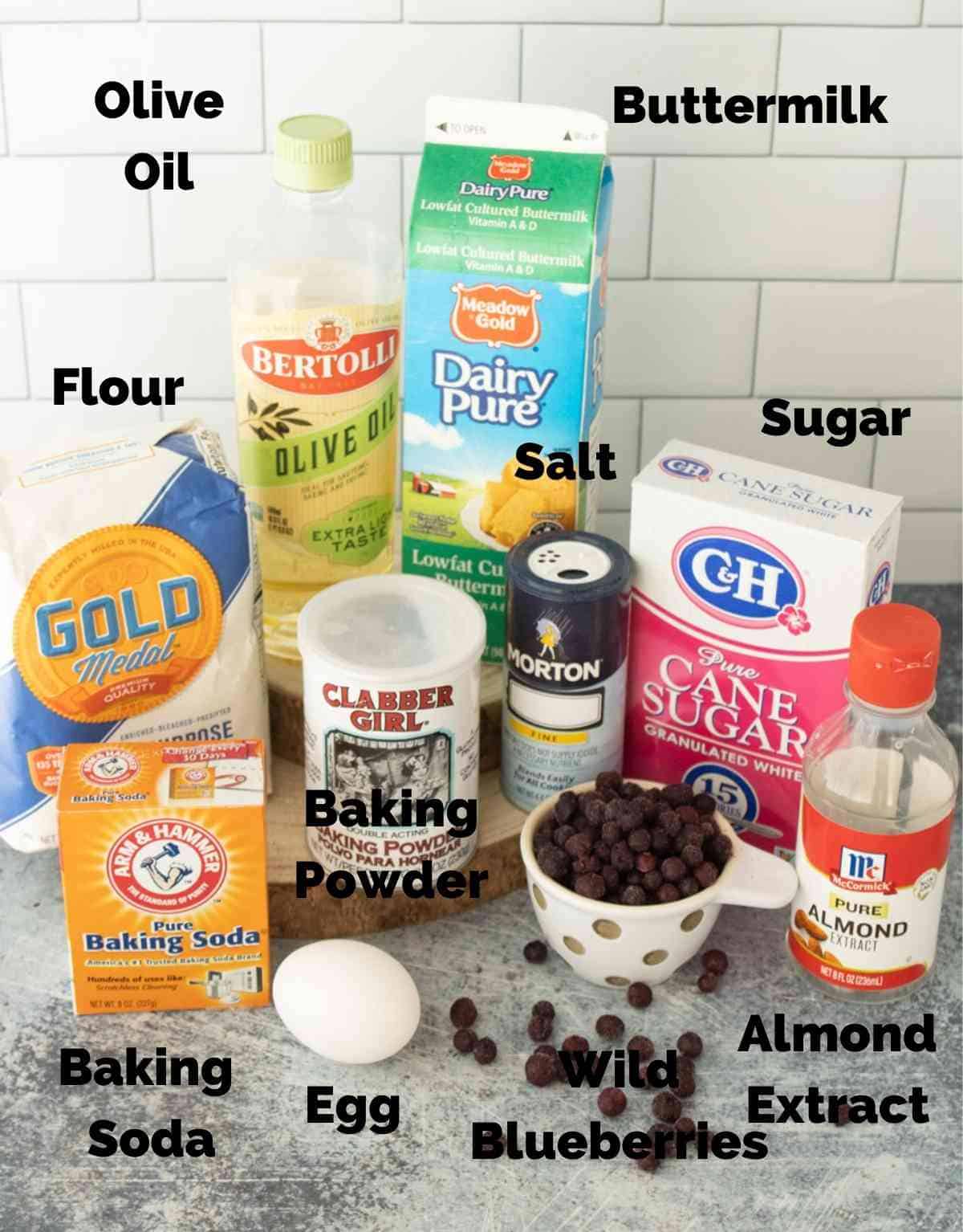 Simple ingredients needed to make the best blueberry buttermilk pancakes with wild blueberries!