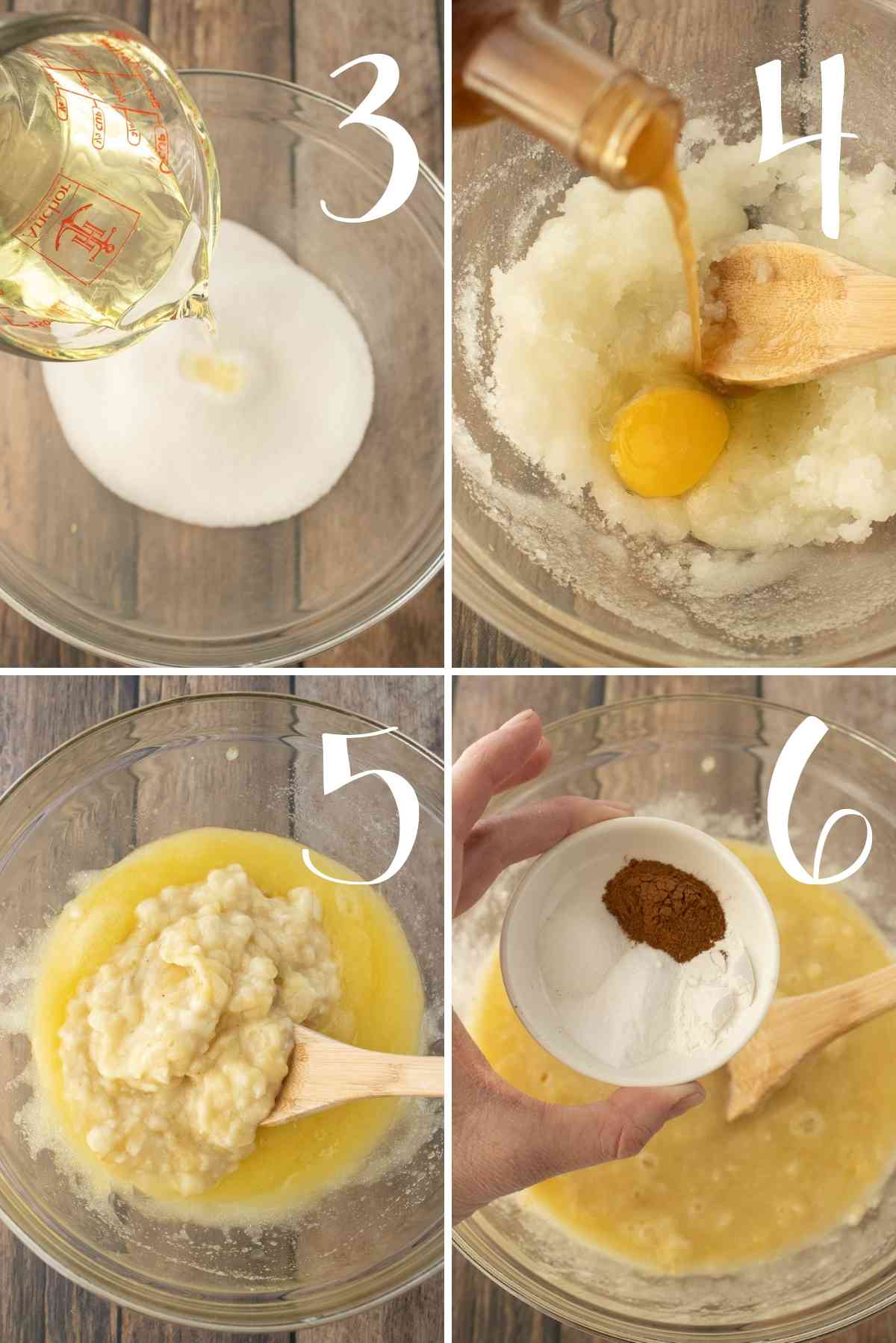 Mix sugar, oil, vanilla, bananas, baking powder, baking soda, cinnamon and salt together.