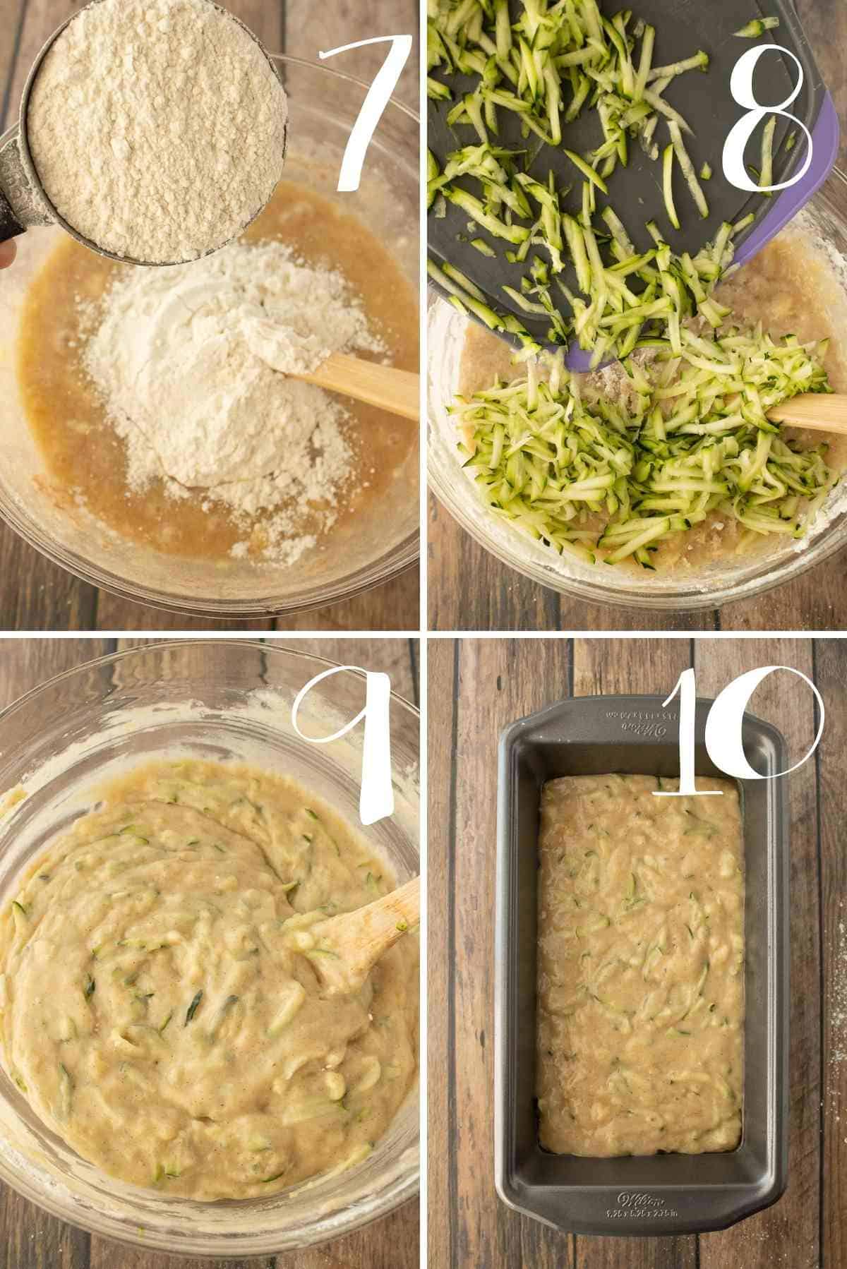 Mix in flour and zucchini, pour in a loaf pan and bake.
