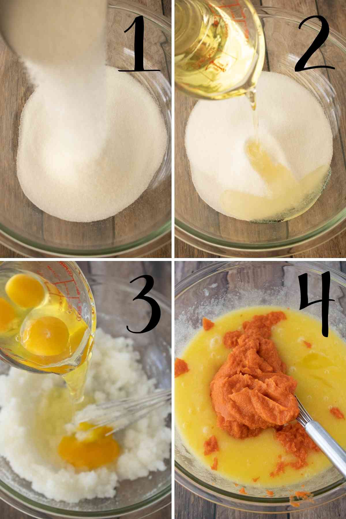 Sugar, oil, eggs and pureed carrots mixed in a bowl.