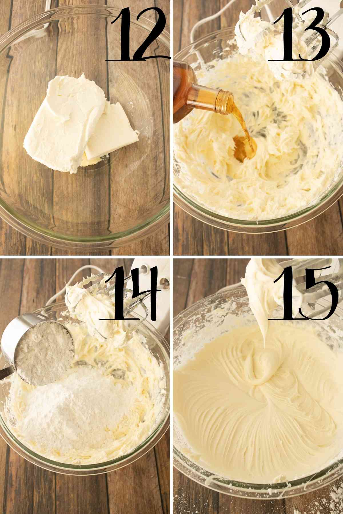 Cream cheese, butter, vanilla and powdered sugar beaten to make cream cheese frosting.