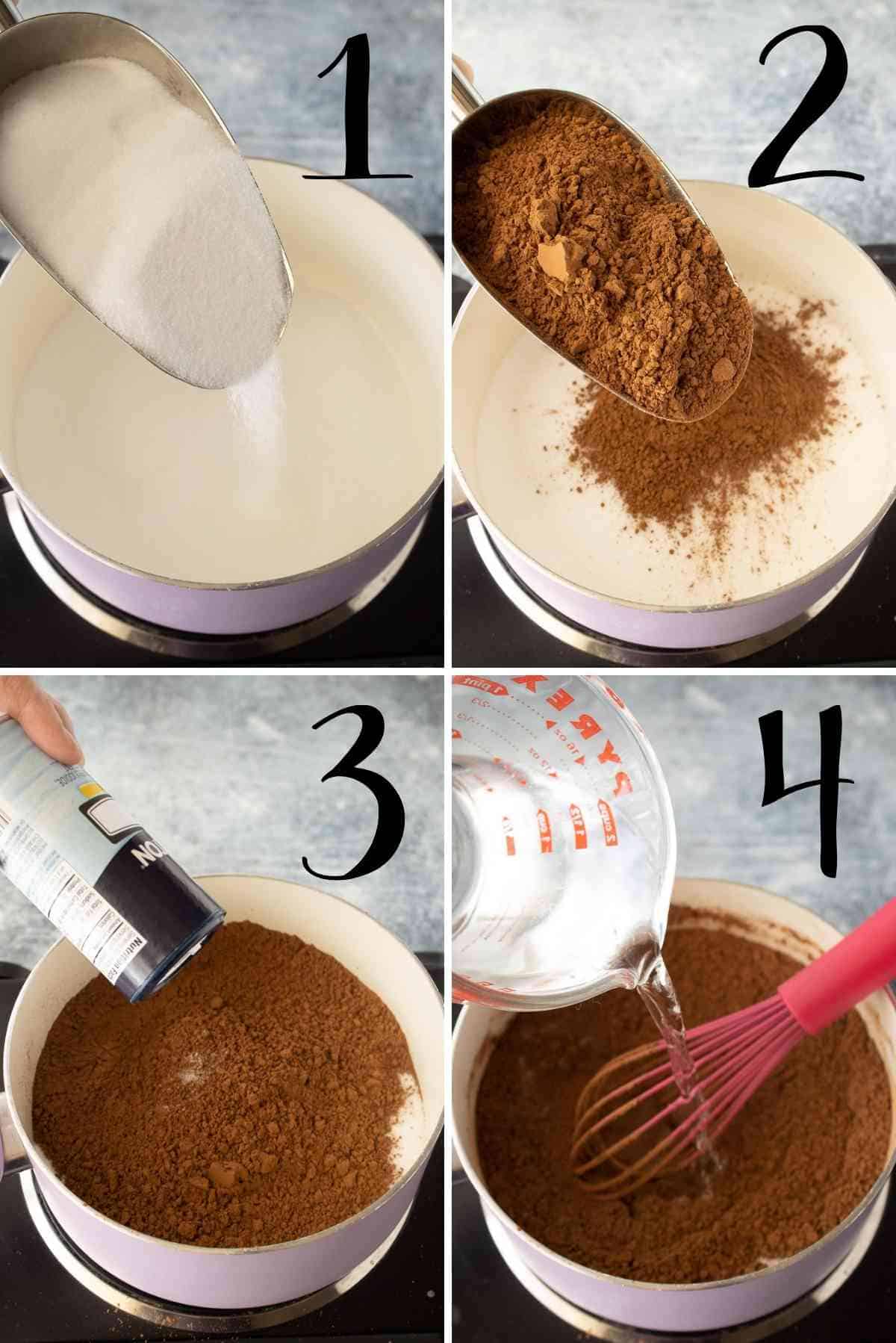 Sugar, cocoa powder, salt and water put in a pot.