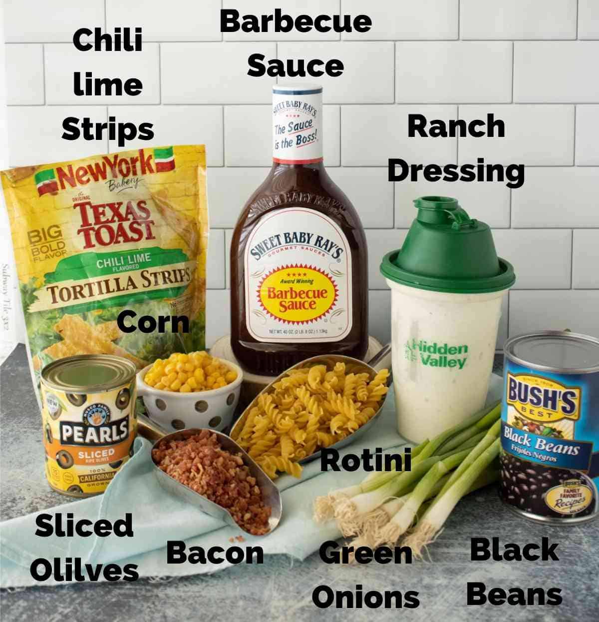 Ingredients for barbecue ranch pasta salad.