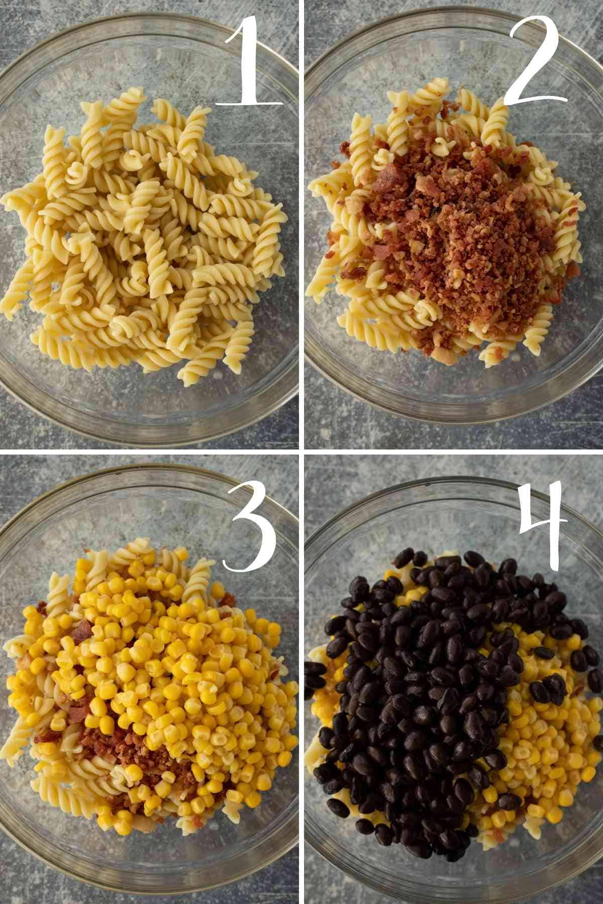 Rotini, bacon, corn, and black beans in a bowl.