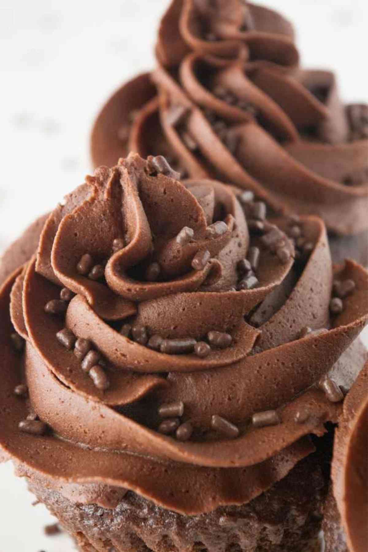 Chocolate cupcakes frosted with chocolate buttercream frosting.