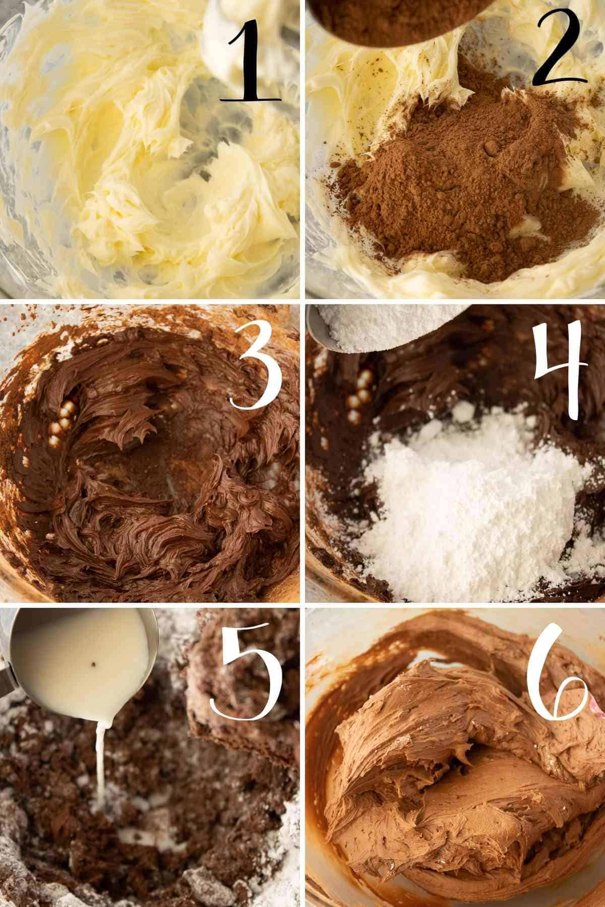 Step by step photos to make chocolate buttercream frosting.