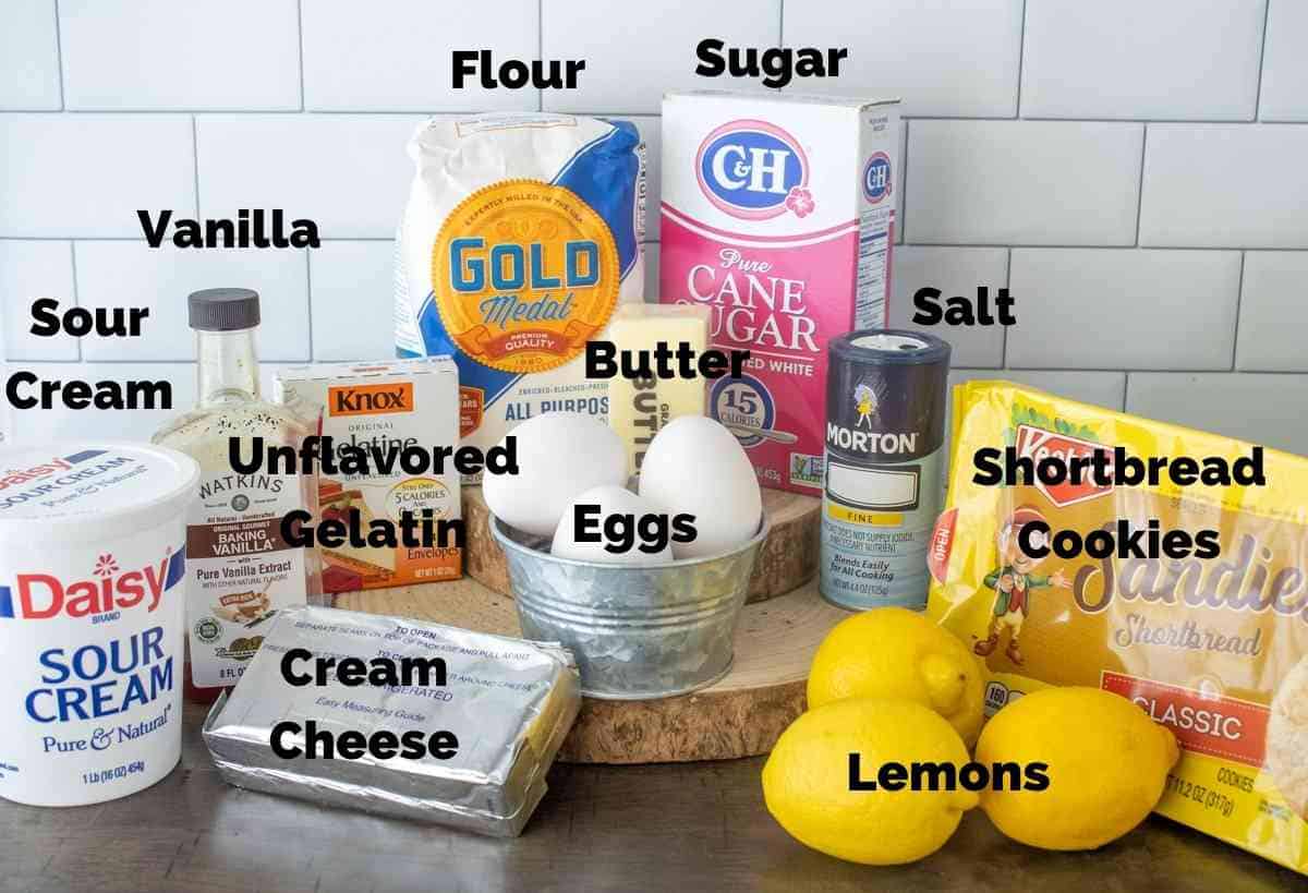 Ingredients needed to make a lemon cheesecake.