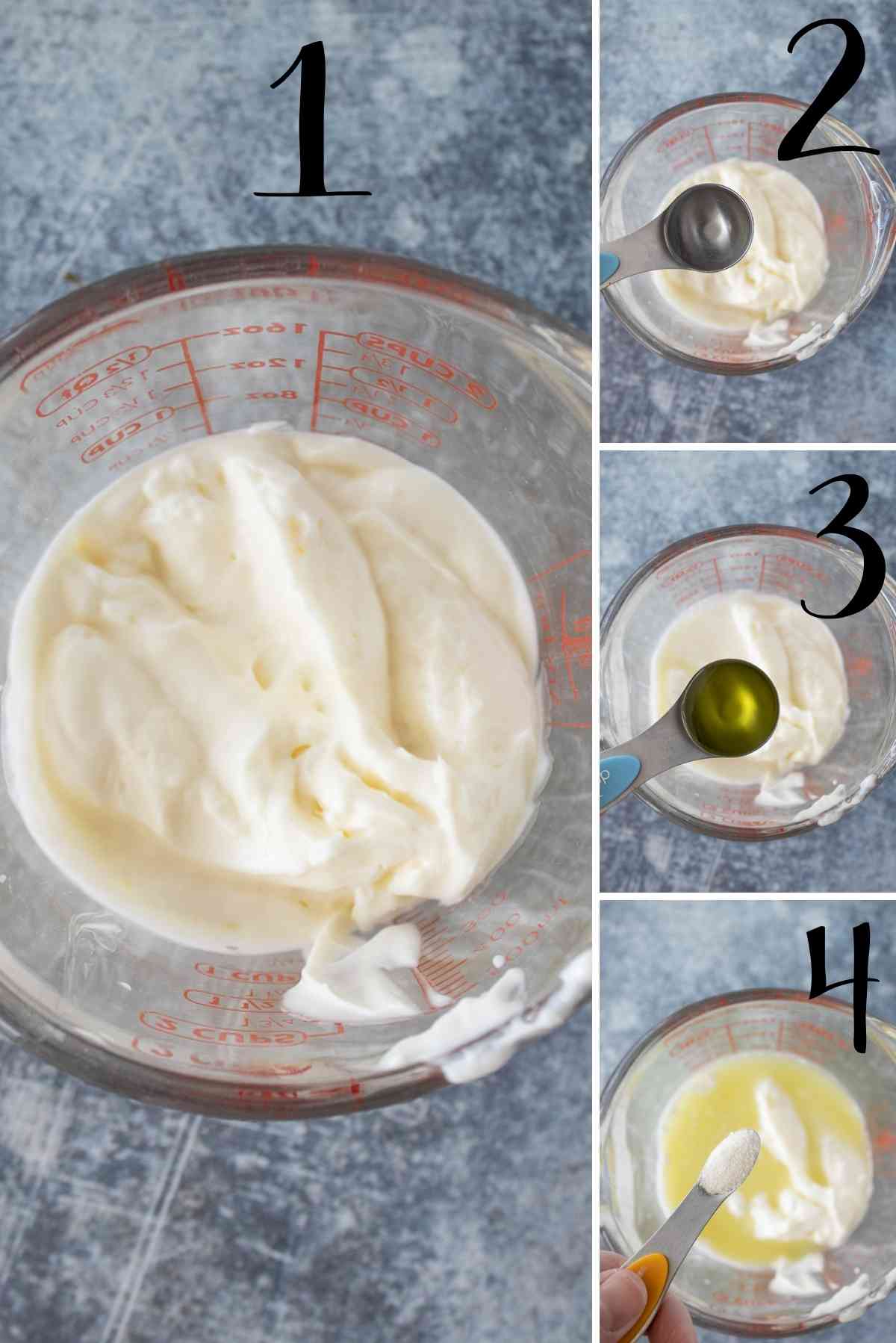 Mayo in a bowl with vinegar, dill pickle juice, and sugar added.