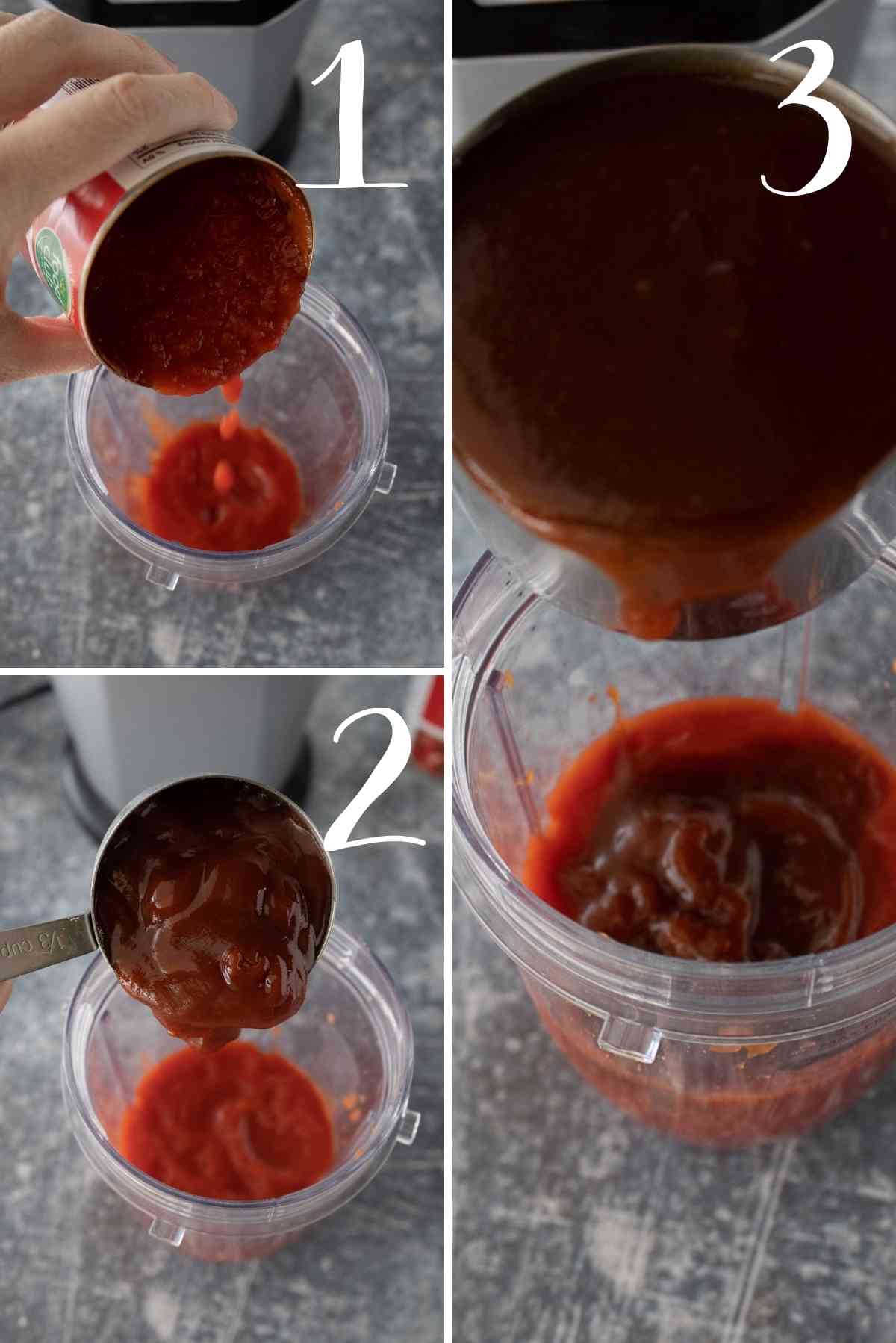 Pour tomato sauce, ketchup and barbecue sauce into a blender cup.