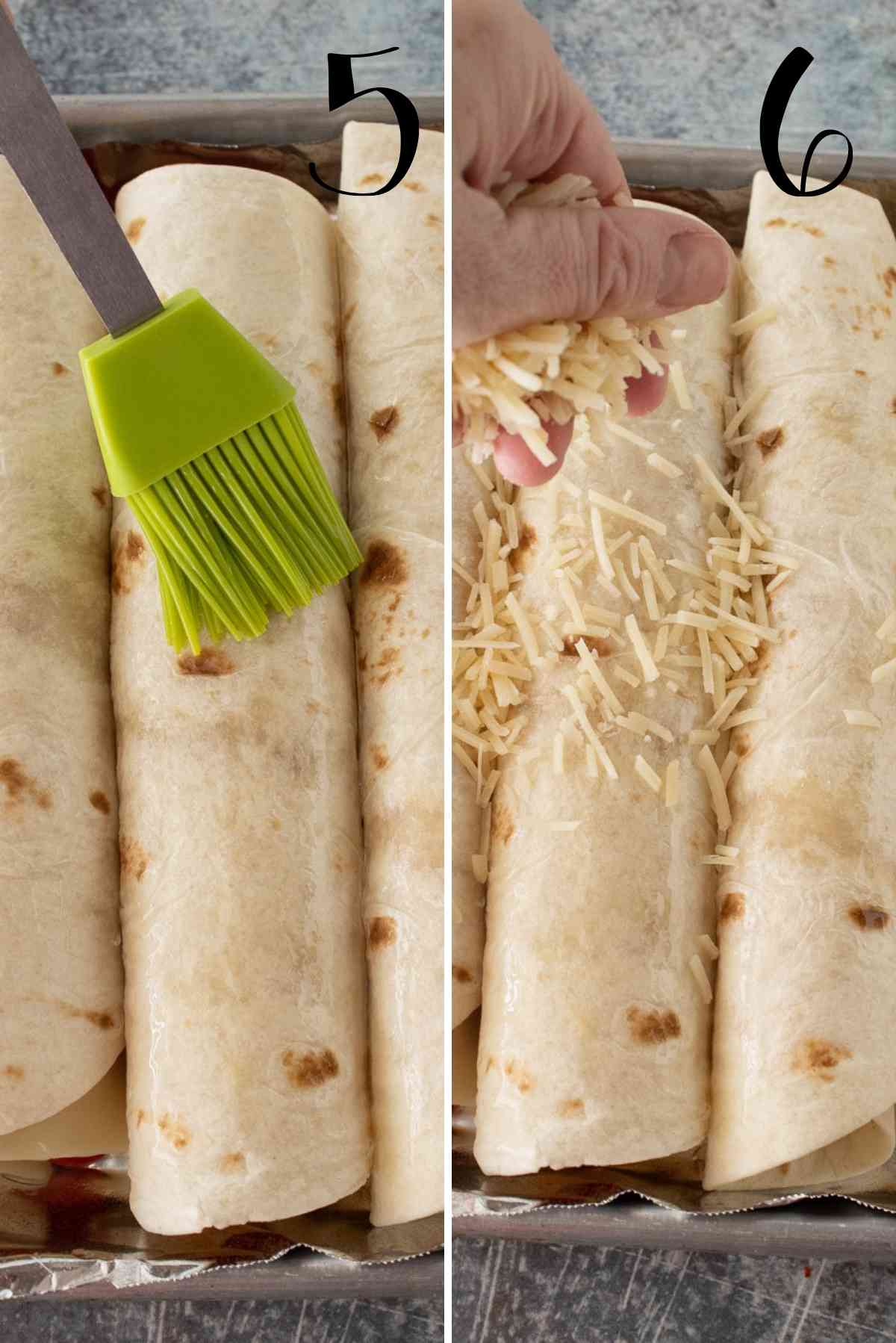 Rolled tortillas in a baking pan brushed with olive oil and sprinkled with parmesan.
