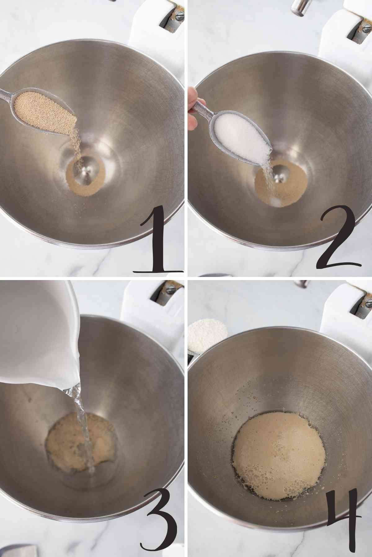 Yeast, sugar, warm water poured into a mixing bowl to get foamy.